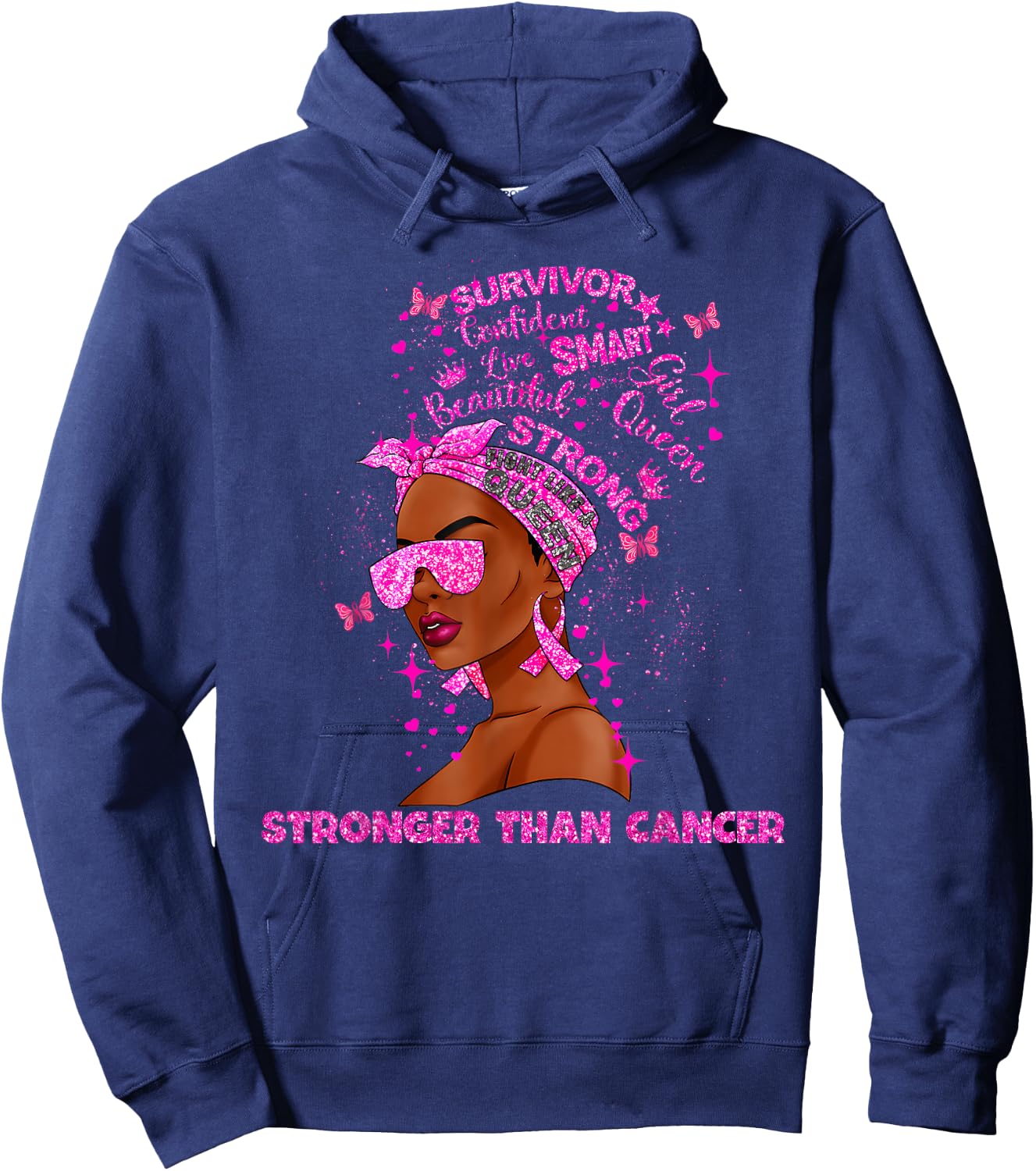 Black Women Queen Stronger Than Breast Cancer Pink Ribbon Hoodie - Hoodie | Navy
