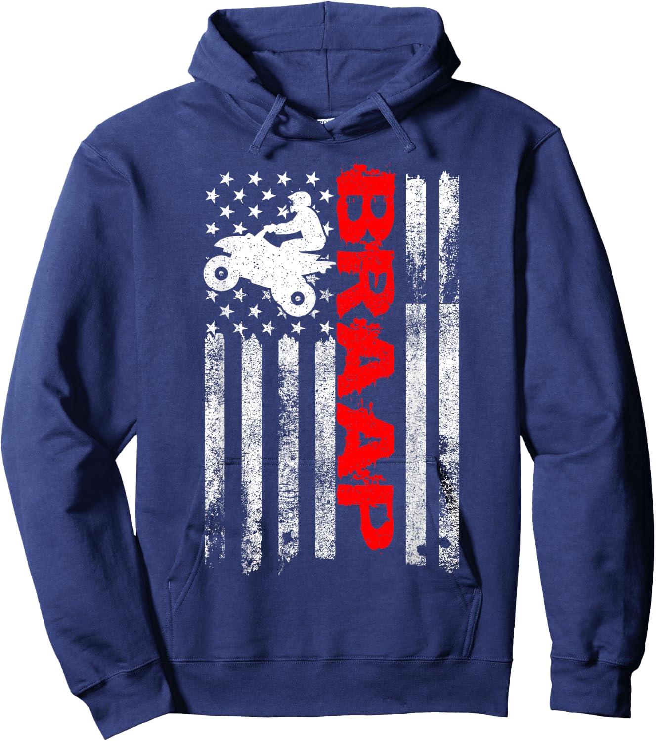 Cool Four Wheeler & ATV Gift Ideas Vintage USA American Flag Quad Bike ATV Gift - Black, , Small, Short Sleeve, , Letter Print, Motorcycle Theme Hoodie - Hoodie | Navy
