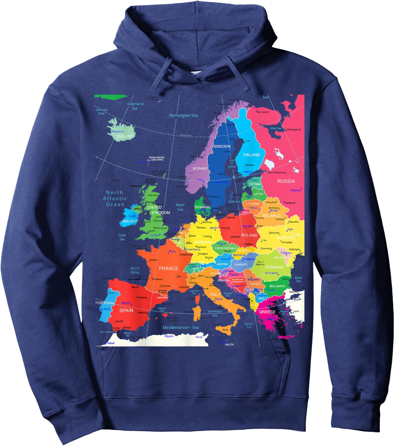 Map of Europe with Border, Countries, Capitals, Large Cities Hoodie - Hoodie | Navy