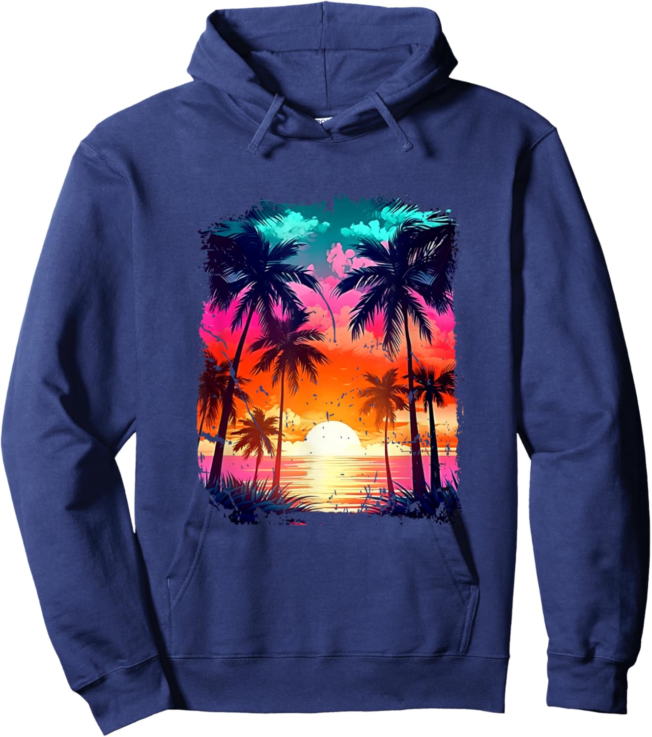 Orange and Aqua Sunset with Silhouetted Palm a Trees Beach Hoodie - Hoodie | Navy