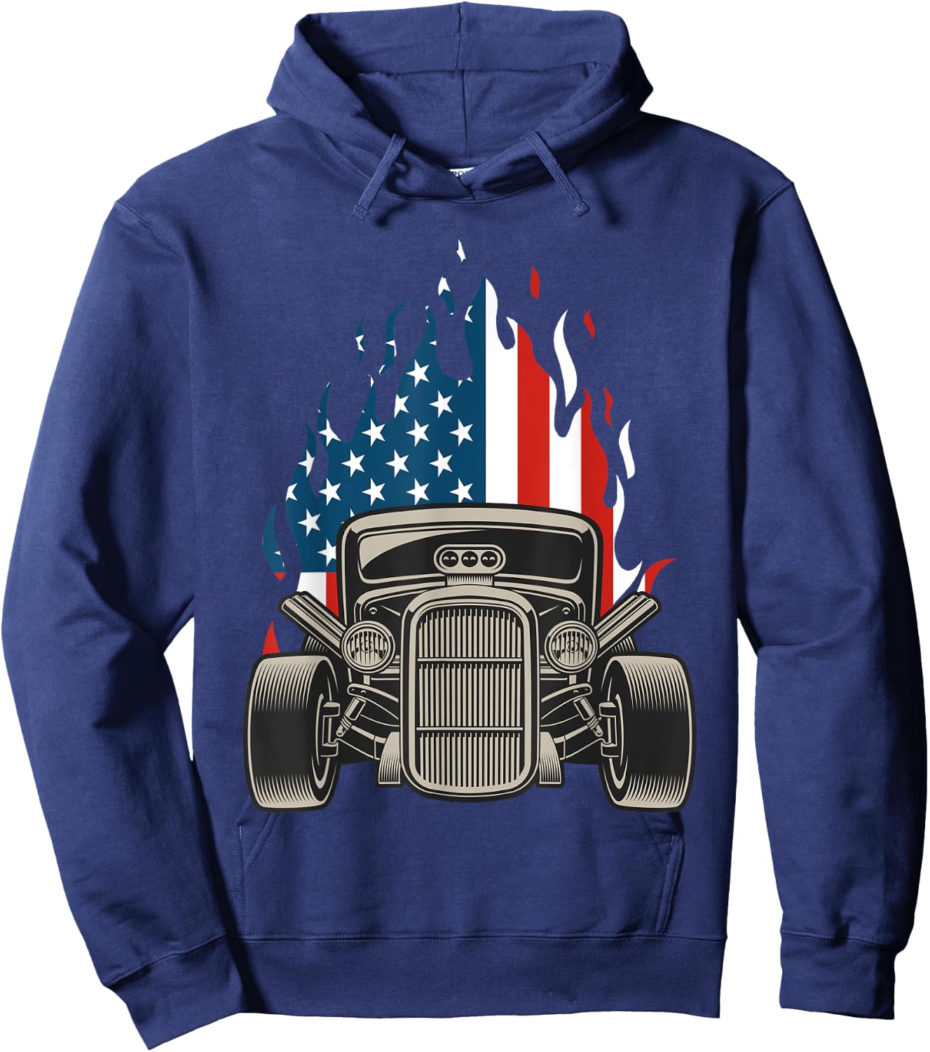 American Flag Vintage Hot Rod Veteran Memorial Day July 4 Hoodie - Hoodie | Navy