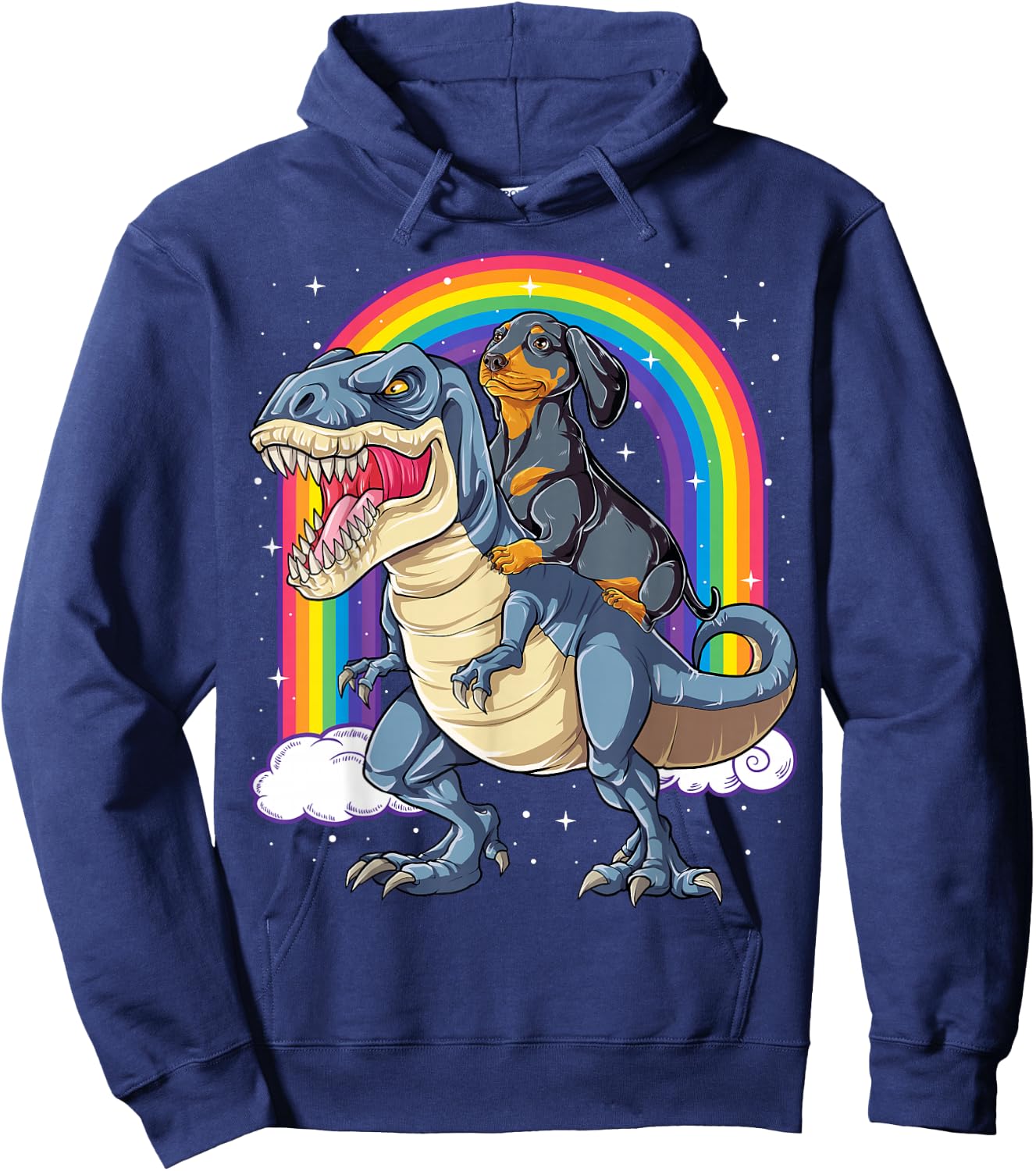 Dachshund Riding Dinosaur T-rex Gifts Boys Kids Men Rainbow Hoodie - Hoodie | Navy