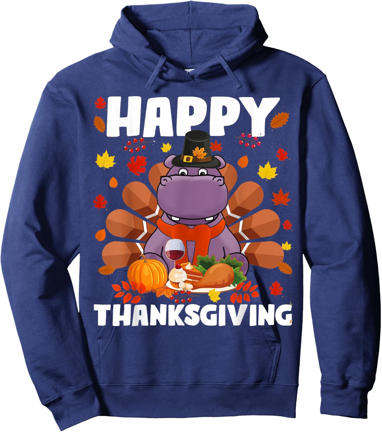 Happy Thanksgiving Funny Hippo Turkey Autumn Hippo Lover Hoodie - Hoodie | Navy