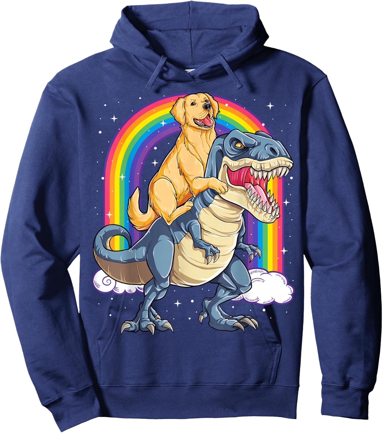 Golden Retriever Riding Dinosaur T rex Gifts Boys Rainbow Small Hoodie - Hoodie | Navy
