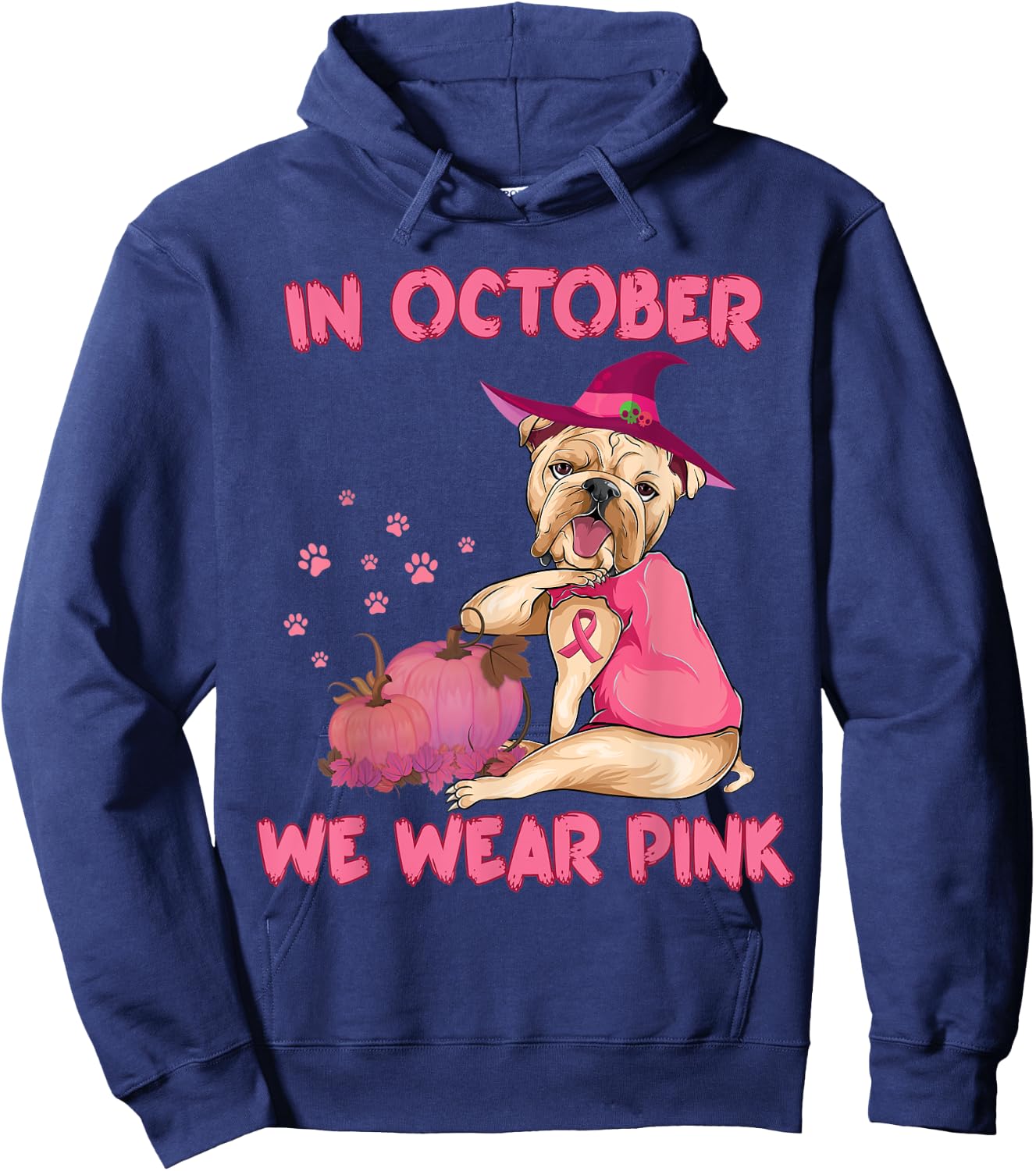 In October We Wear Pink Bulldog Dog Breast Cancer Halloween Hoodie - Hoodie | Navy