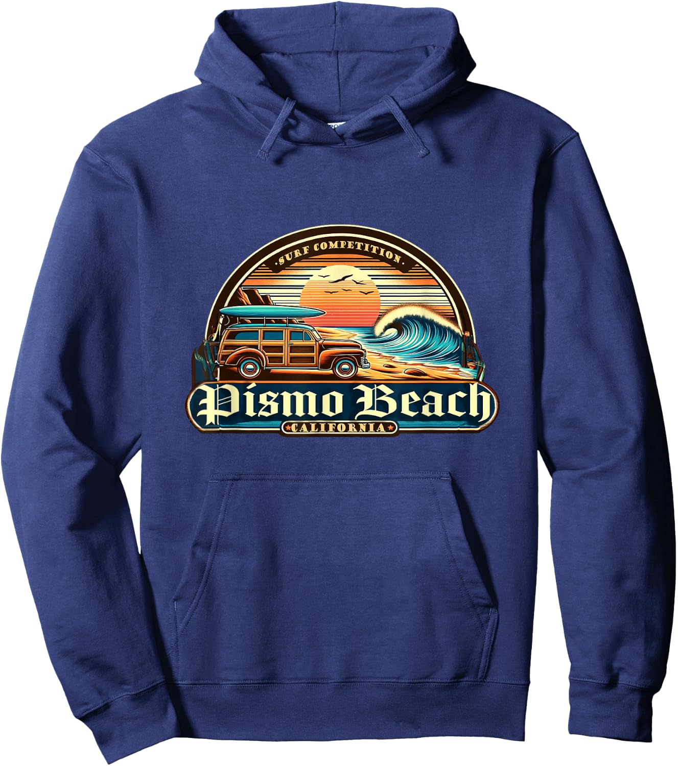 Pismo Beach, California Retro Vintage Beach and Surf Hoodie - Hoodie | Navy