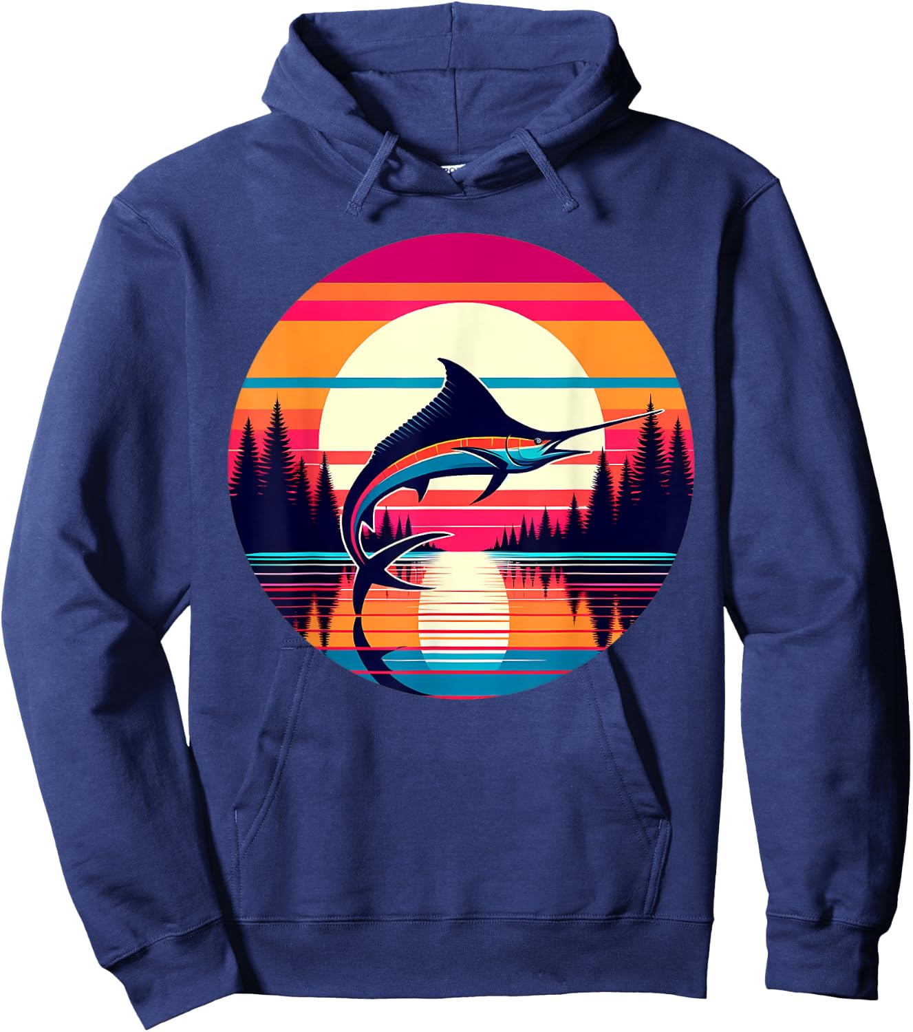 Marlin Fishing Sunset Retro Style Vintage 80s 70s Birthday Hoodie - Hoodie | Navy