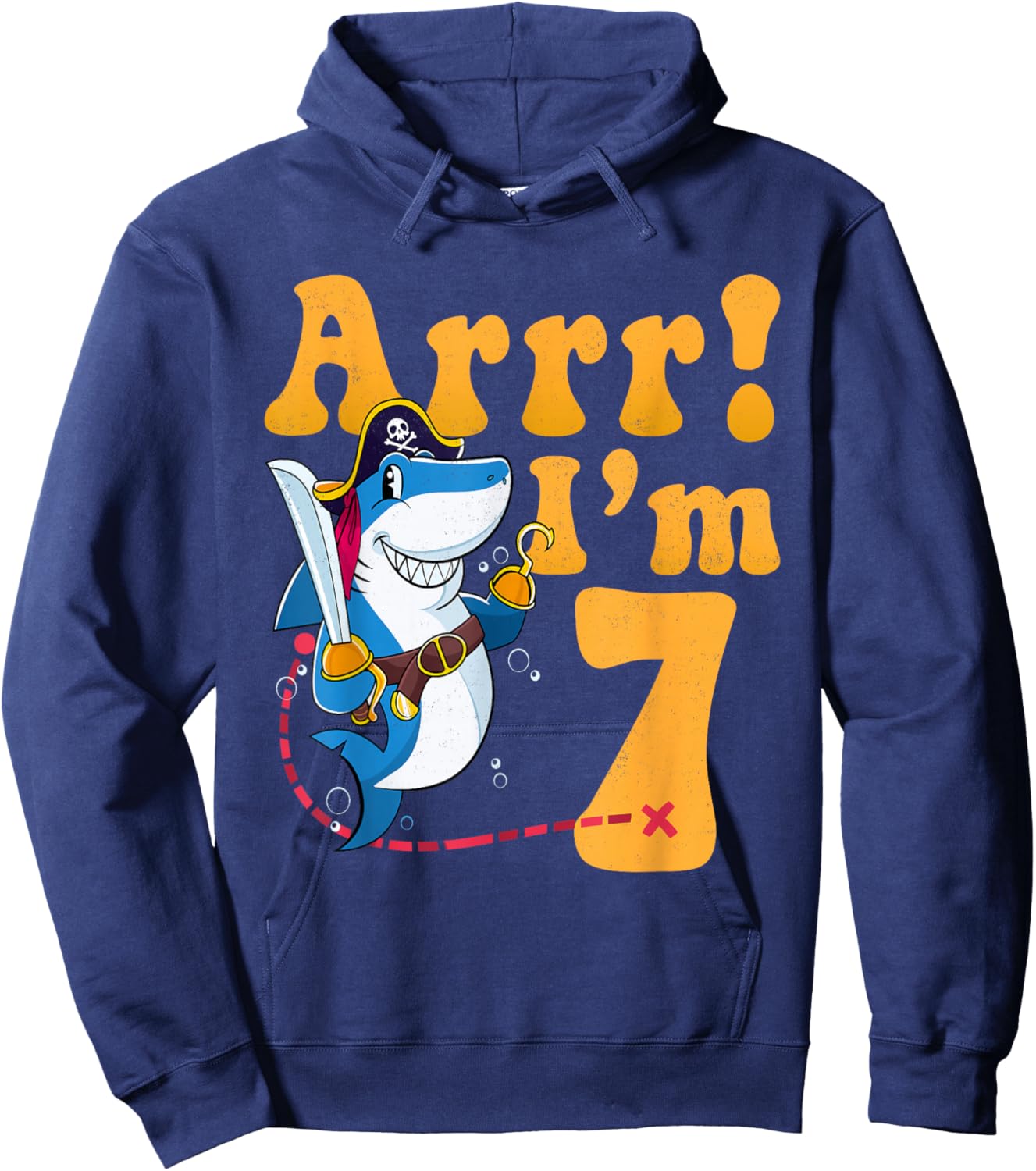 Kids 7th Shark Pirate Birthday Party 7 Seven Years Old Boys Hoodie - Hoodie | Navy