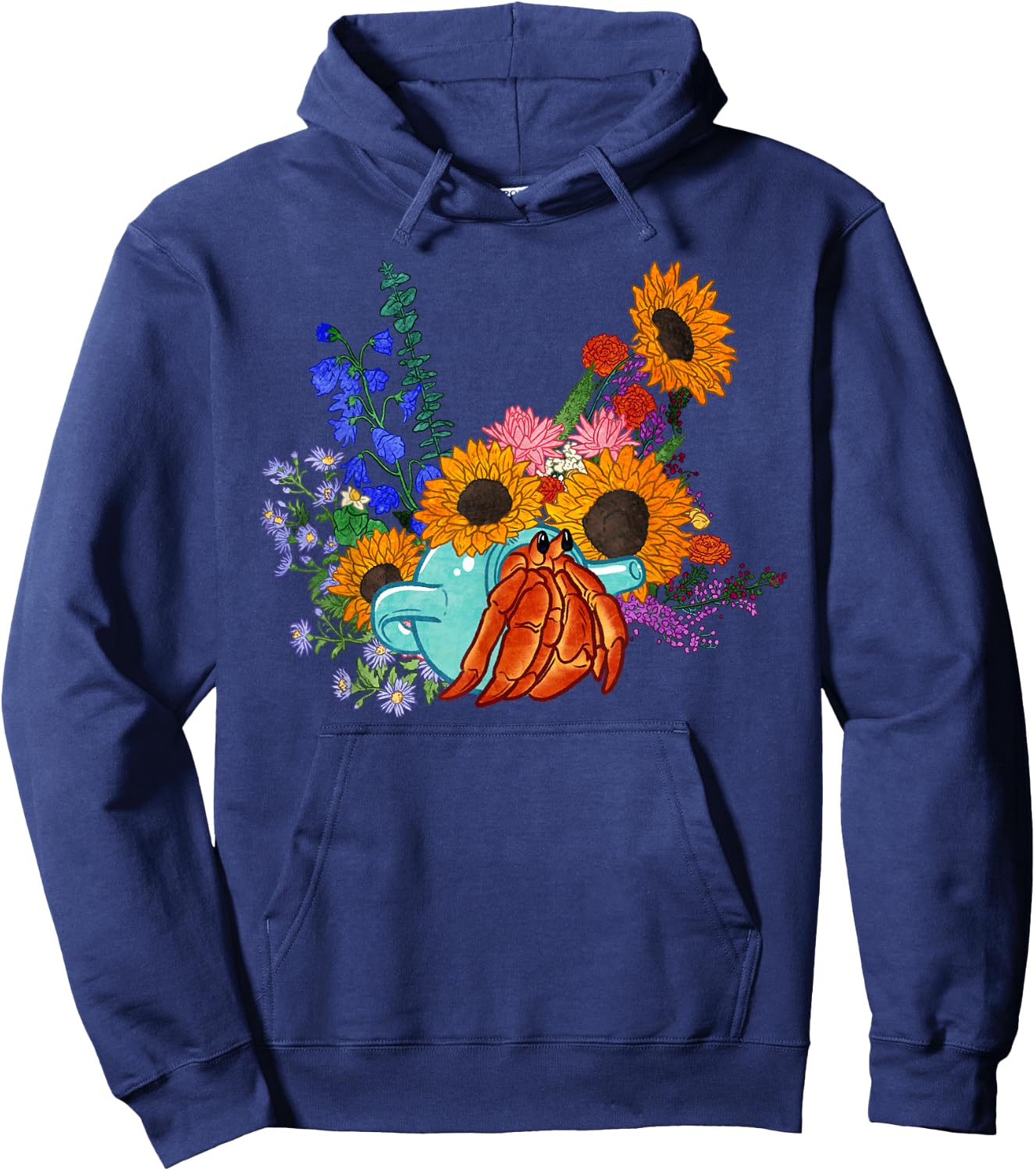 Teapot Hermit Crab and Flowers Hoodie - Hoodie | Navy