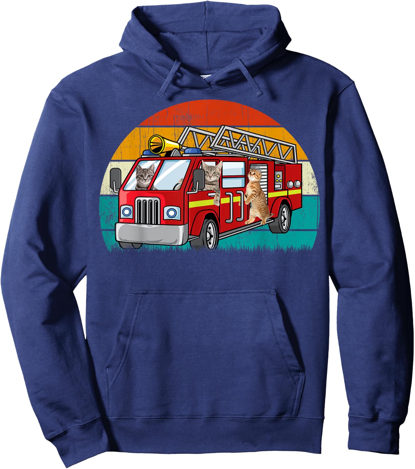 Vintage Retro Style Sunset rescue Engine Cat Firefighter Hoodie - Hoodie | Navy