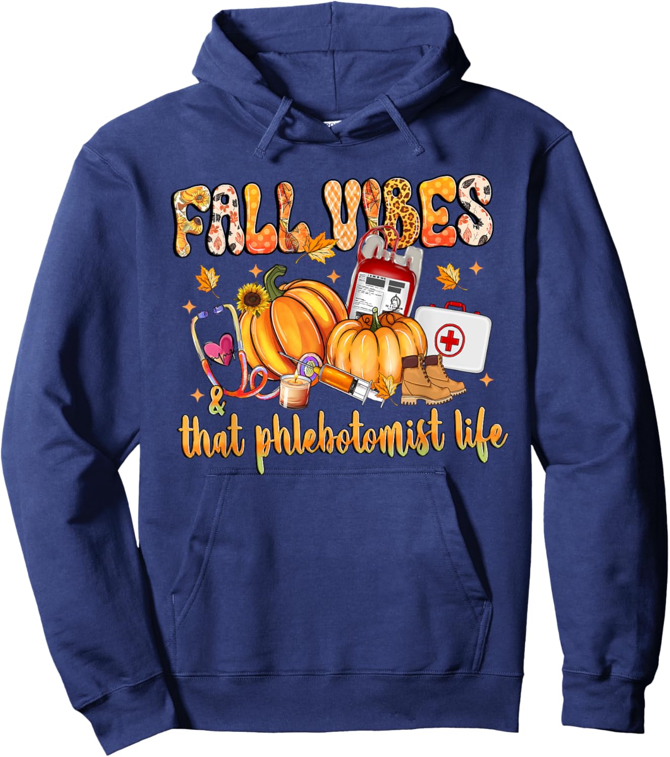 Fall Vibes & That Phlebotomist Life Pumpkin Leopard Gifts Hoodie - Hoodie | Navy