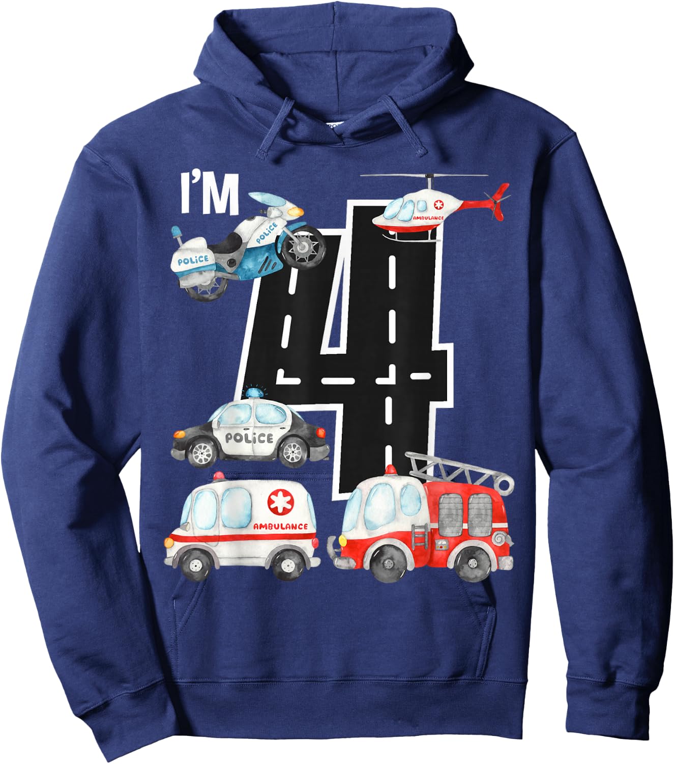 Emergency Vehicles 4th Birthday Fire Truck Police Car Boys Hoodie - Hoodie | Navy