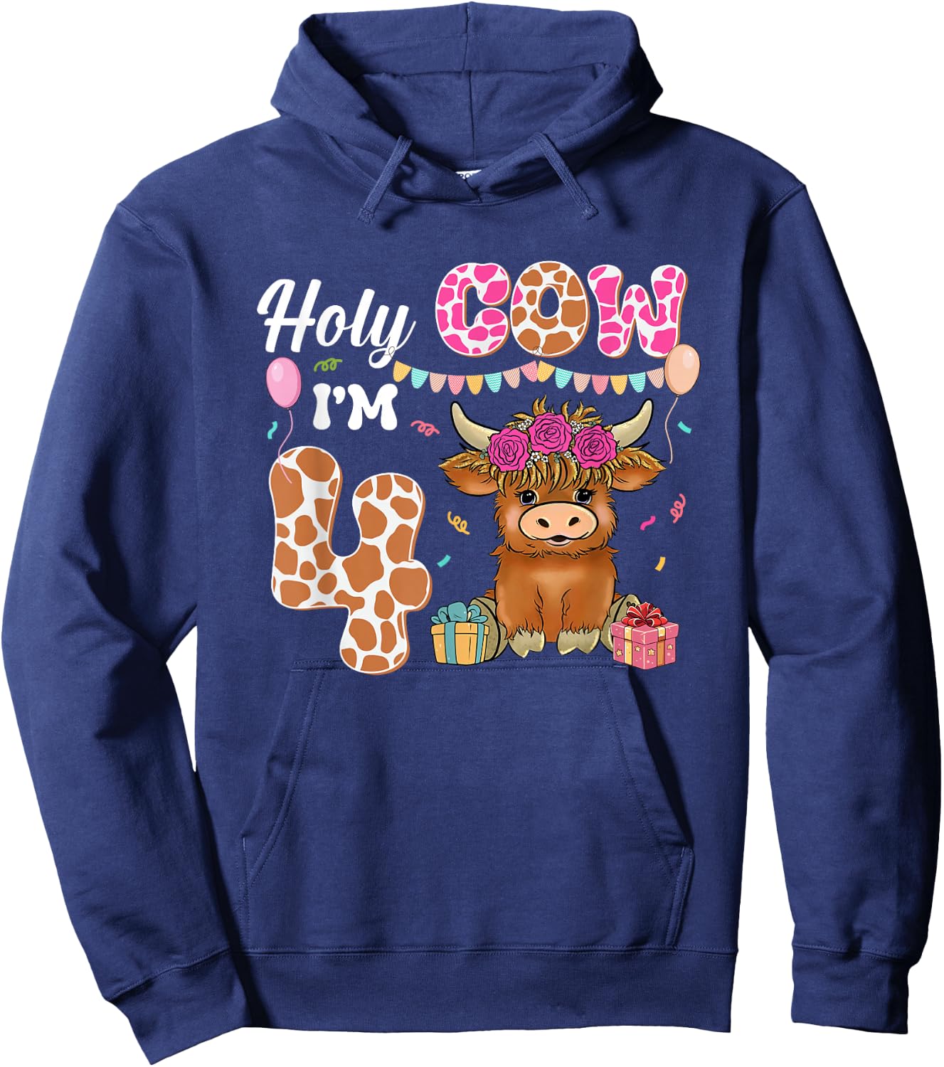 Holy Cow I'm 4 Highland Cow Farming 4th Birthday 4 Years Old Hoodie - Hoodie | Navy