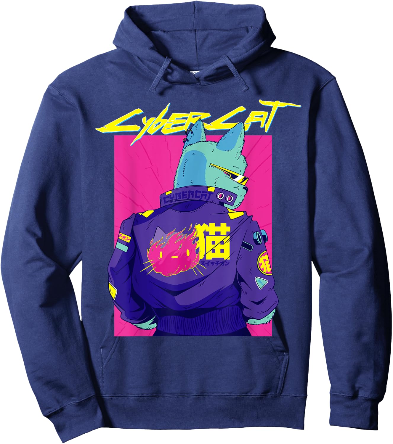 Cyberpunk Pun Cat cybercat Japanese Character cyberpunker Hoodie - Hoodie | Navy