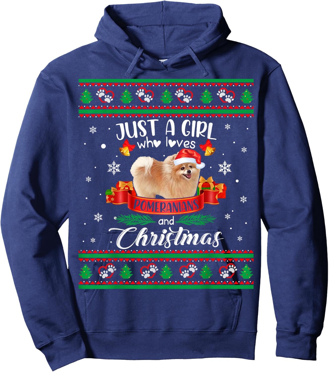 Just A Girl Who Loves Pomeranians & Christmas Ugly Sweater Hoodie - Hoodie | Navy