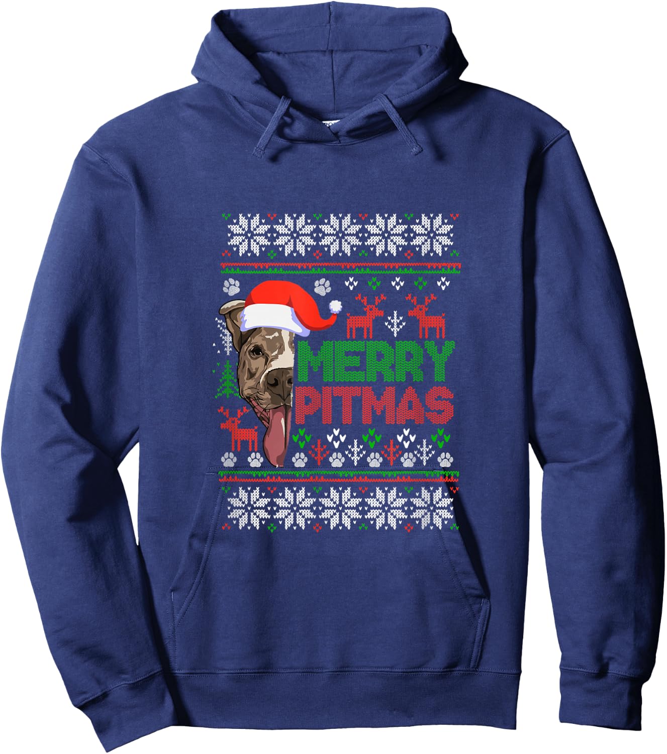MERRY PITMAS - Christmas Pitbull Ugly Sweater style Hoodie - Hoodie | Navy