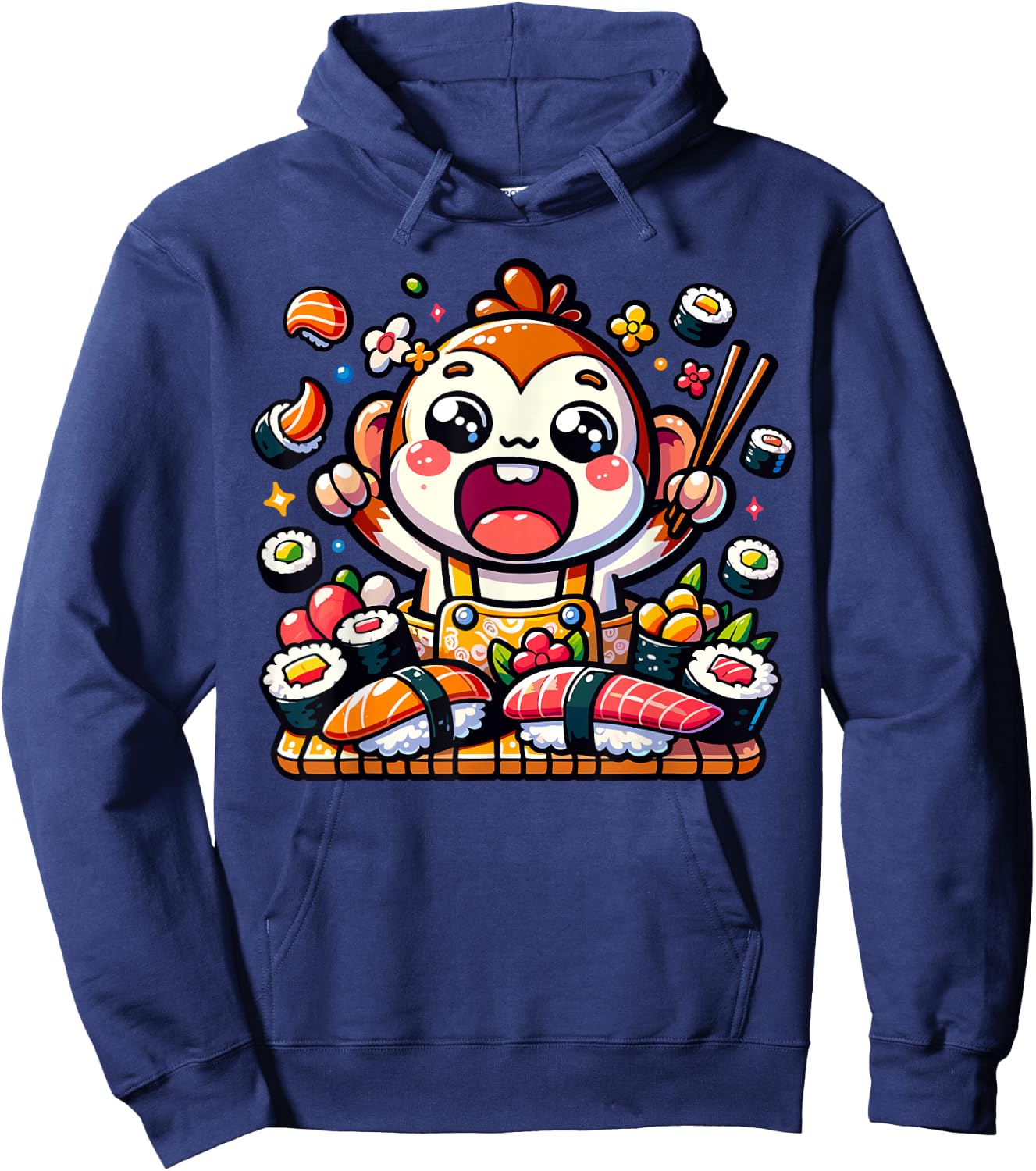 Hungry Kawaii Monkey Eating Sushi Japanese Food Hoodie - Hoodie | Navy
