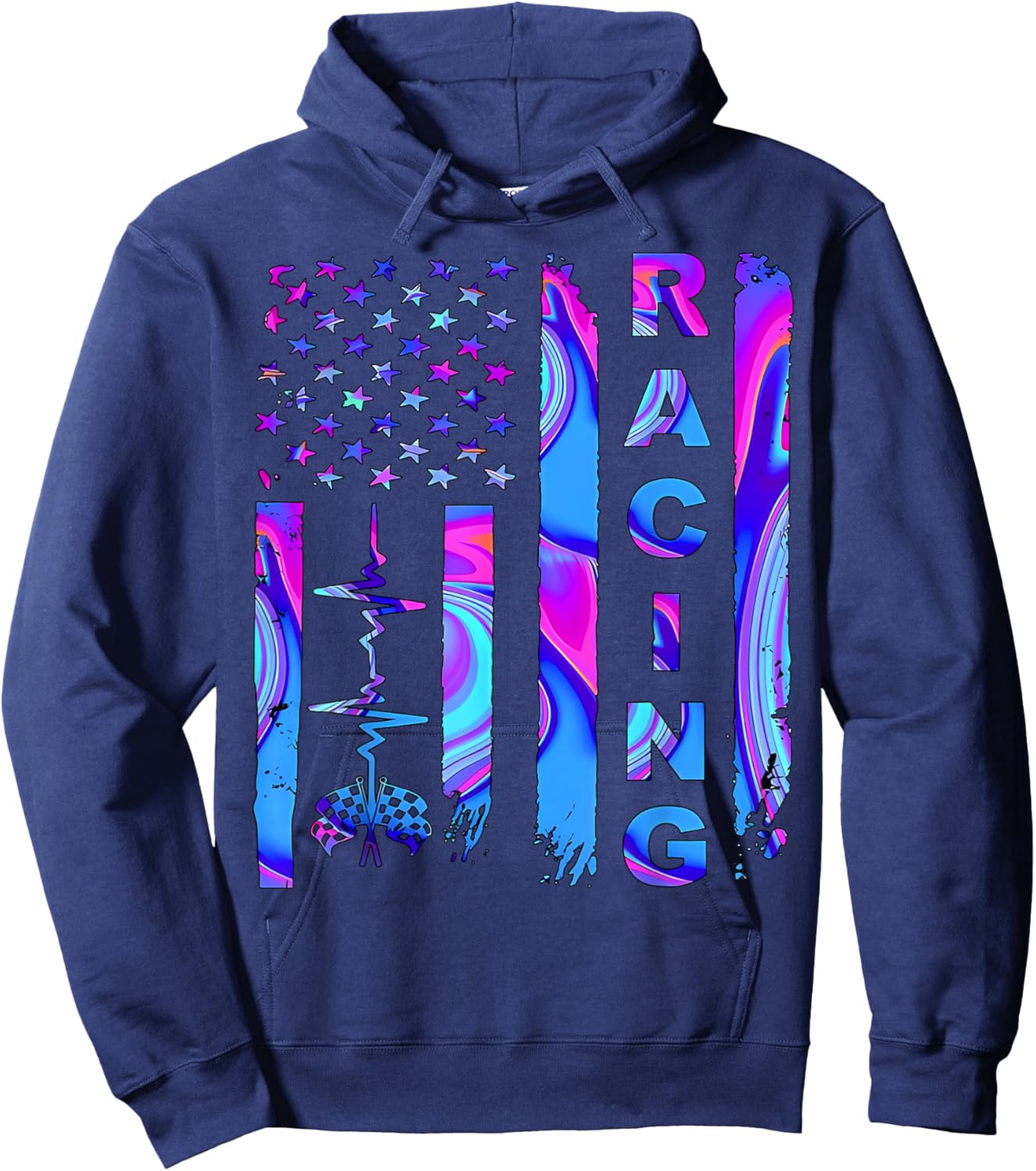 Tie Dye Heartbeat Checkered Flag Racing Patriotic Race Life Men Hoodie - Hoodie | Navy