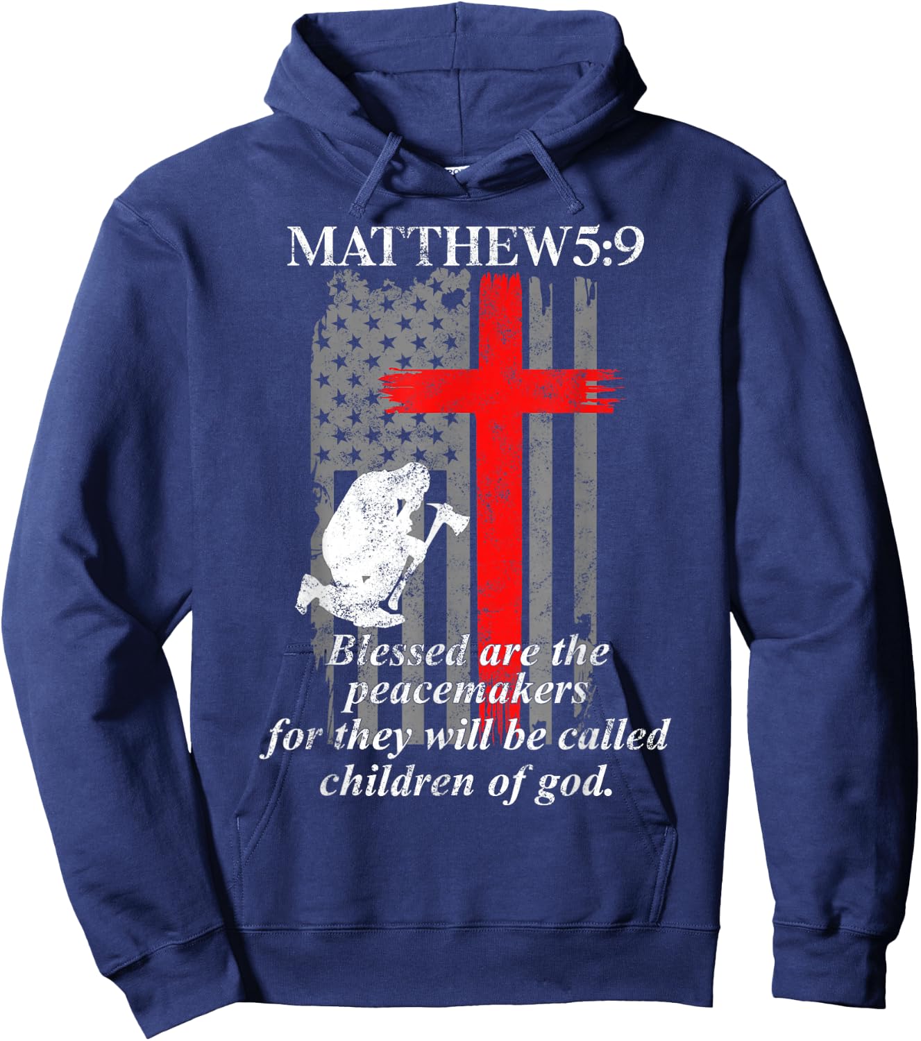 Thin Red Line Fireman Cross Bible Verse Firefighter USA Flag Hoodie - Hoodie | Navy
