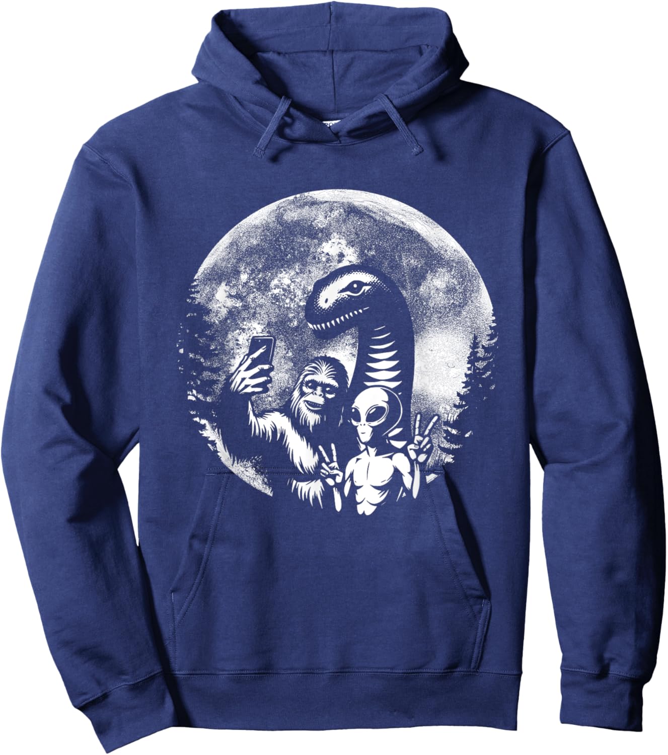 Funny Bigfoot Sasquatch Alien Loch Ness Full Moon Selfie Hoodie - Hoodie | Navy