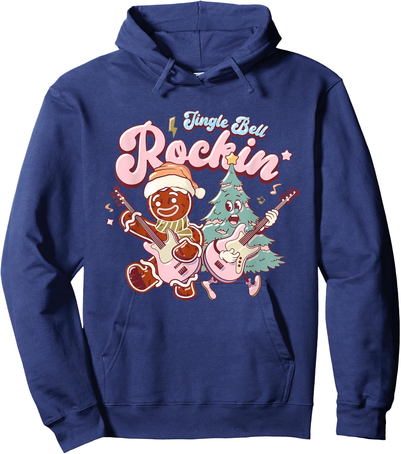 Jingle Bell Rockin Christmas Tree Guitarist Groovy Retro Hoodie - Hoodie | Navy