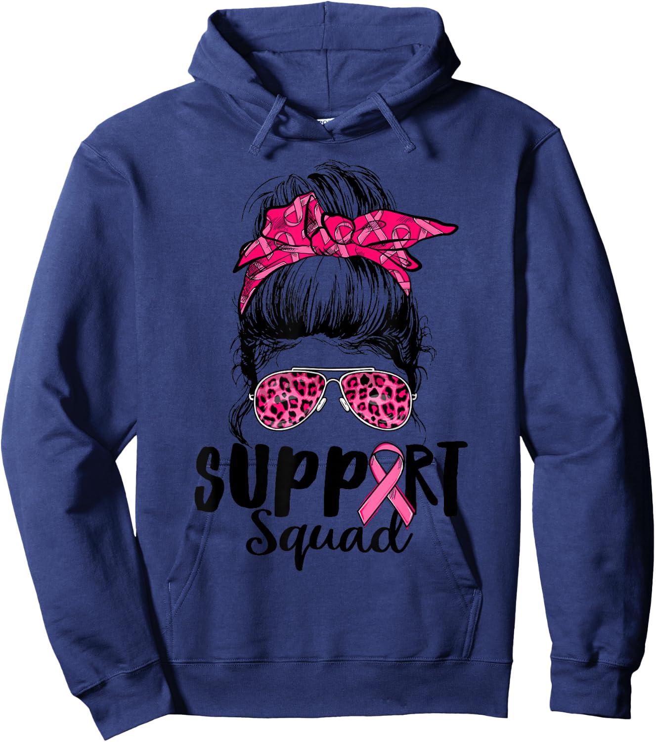 Support Squad Messy Bun Pink Warrior Breast Cancer Awareness Hoodie - Hoodie | Navy