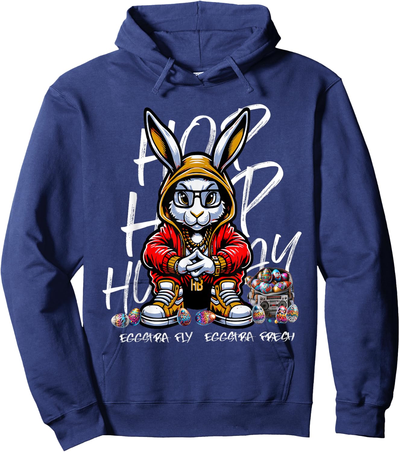 Easter Hip-Hop Bunny Street Style Rabbit with Beats Hoodie - Hoodie | Navy