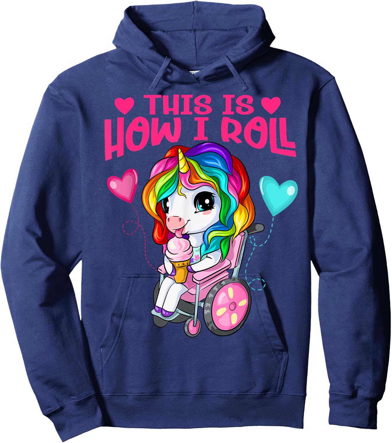 Cute Ice Cream Eating Unicorn Girl In Wheelchair Hoodie - Hoodie | Navy