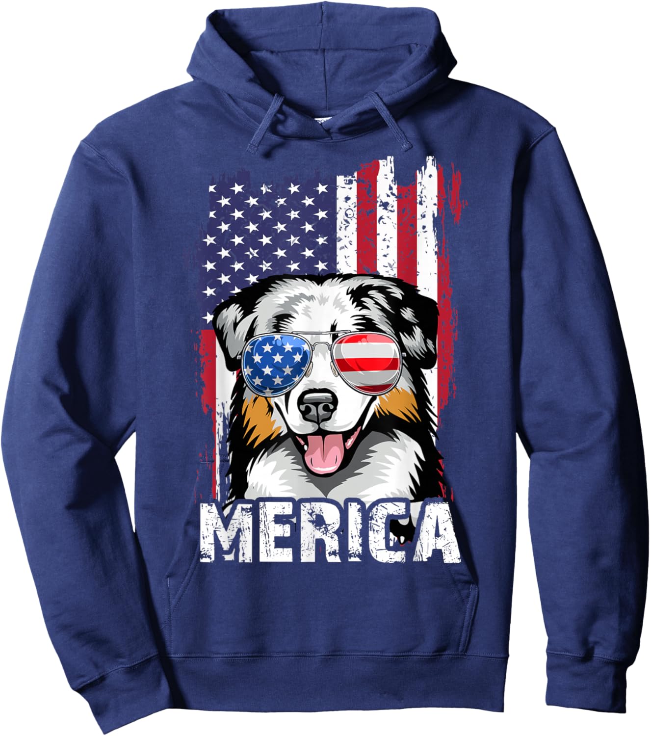 Australian Shepherd 4th of July Merica USA Flag Aussie Dog Hoodie - Hoodie | Navy