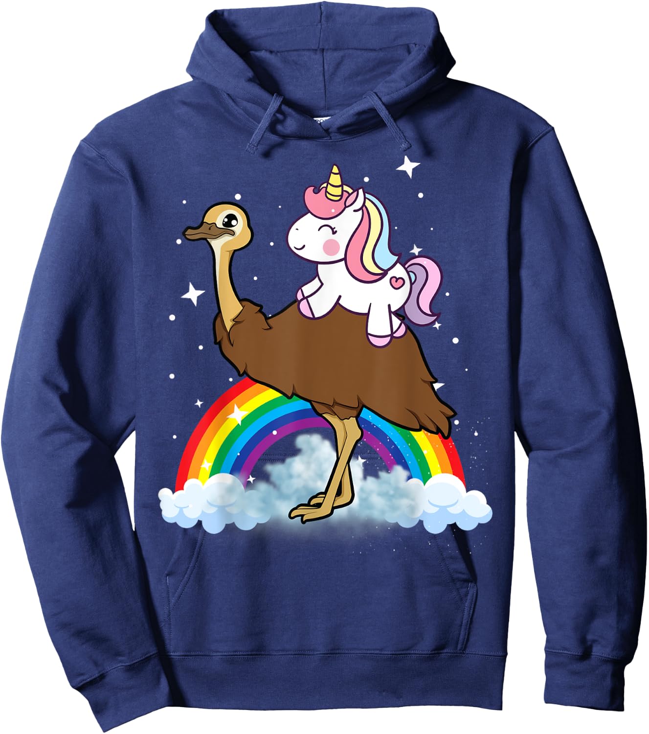 Unicorn Riding Emu Boys Girls Men Women Kids Teens Rainbow Hoodie - Hoodie | Navy