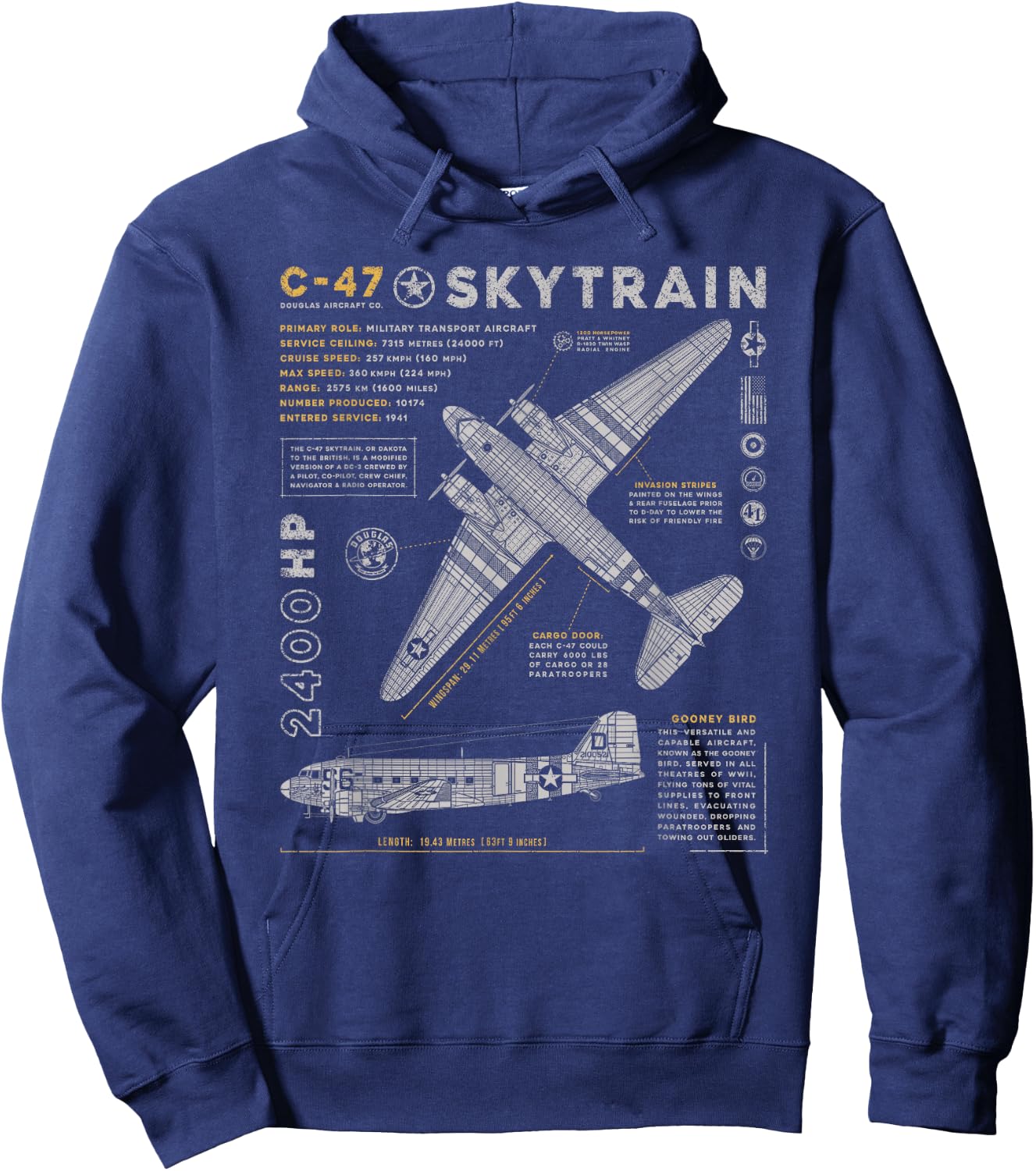 C-47 Skytrain | C47 Douglas Dakota WWII Transport Aircraft Hoodie - Hoodie | Navy