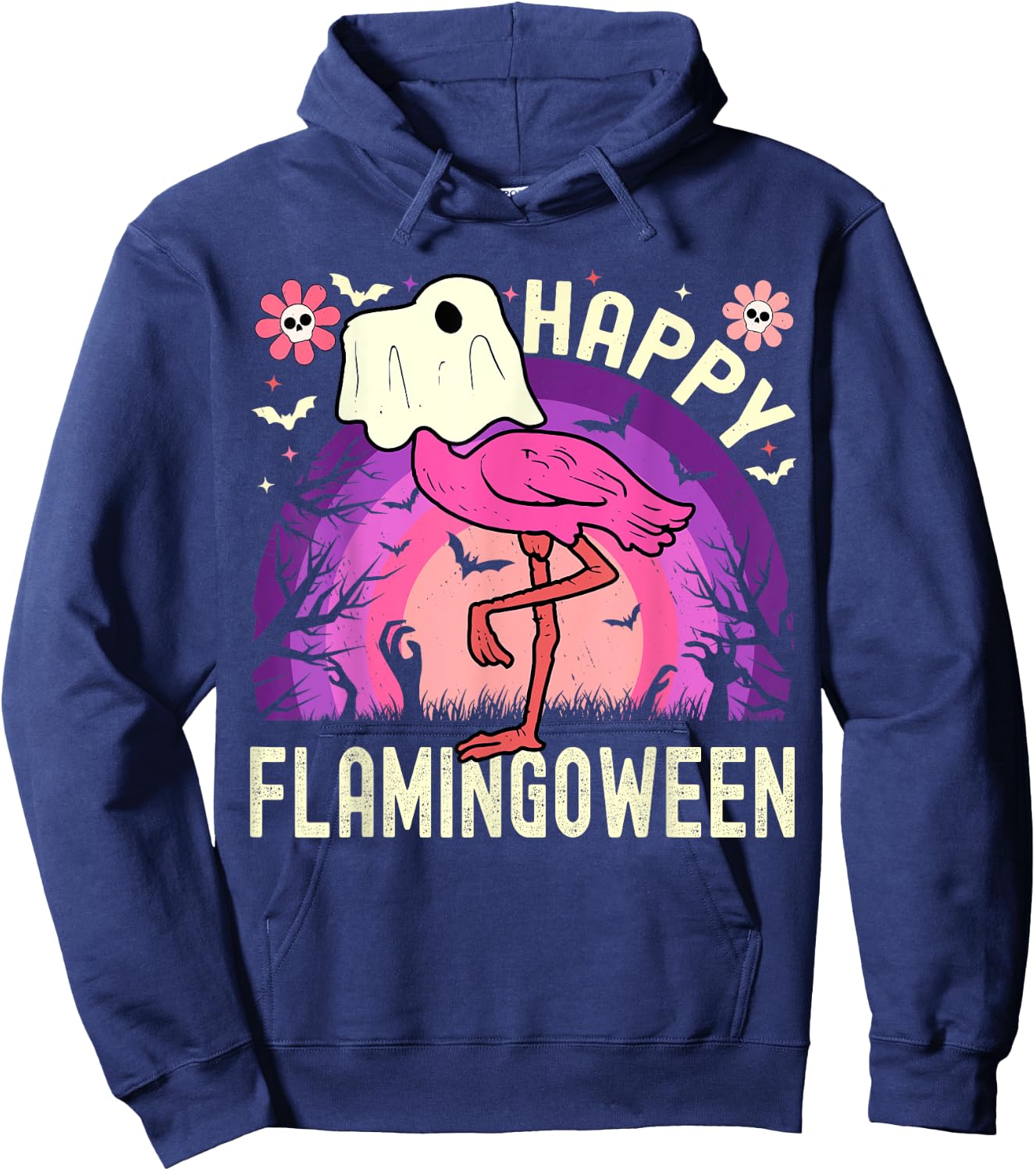 Happy Flamingoween Funny Flamingo Ghost Retro Halloween Hoodie - Hoodie | Navy