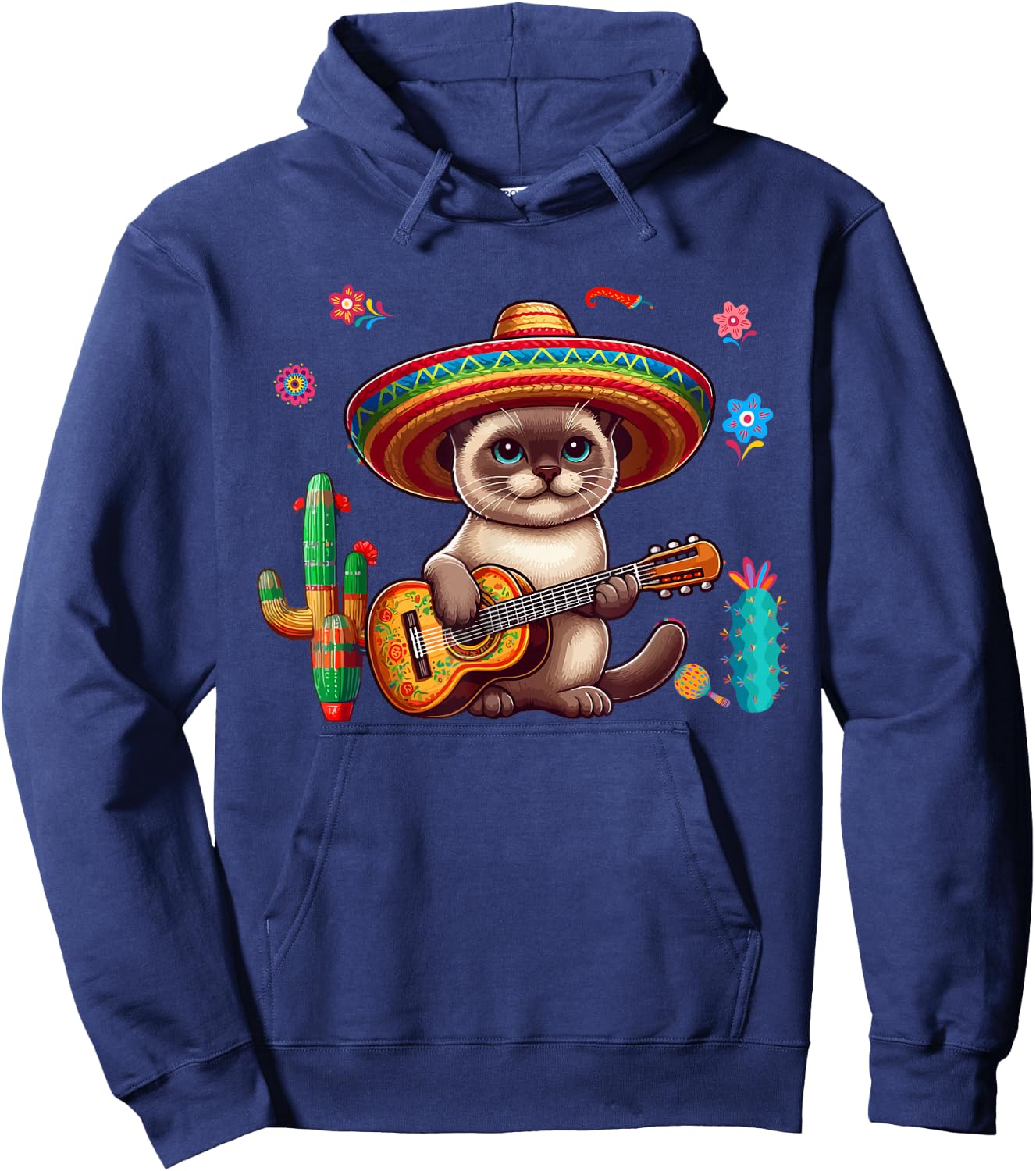 Siamese Cat Sombrero Mexican Guitar Cinco De Mayo Owner Men Women Kids Hoodie - Hoodie | Navy