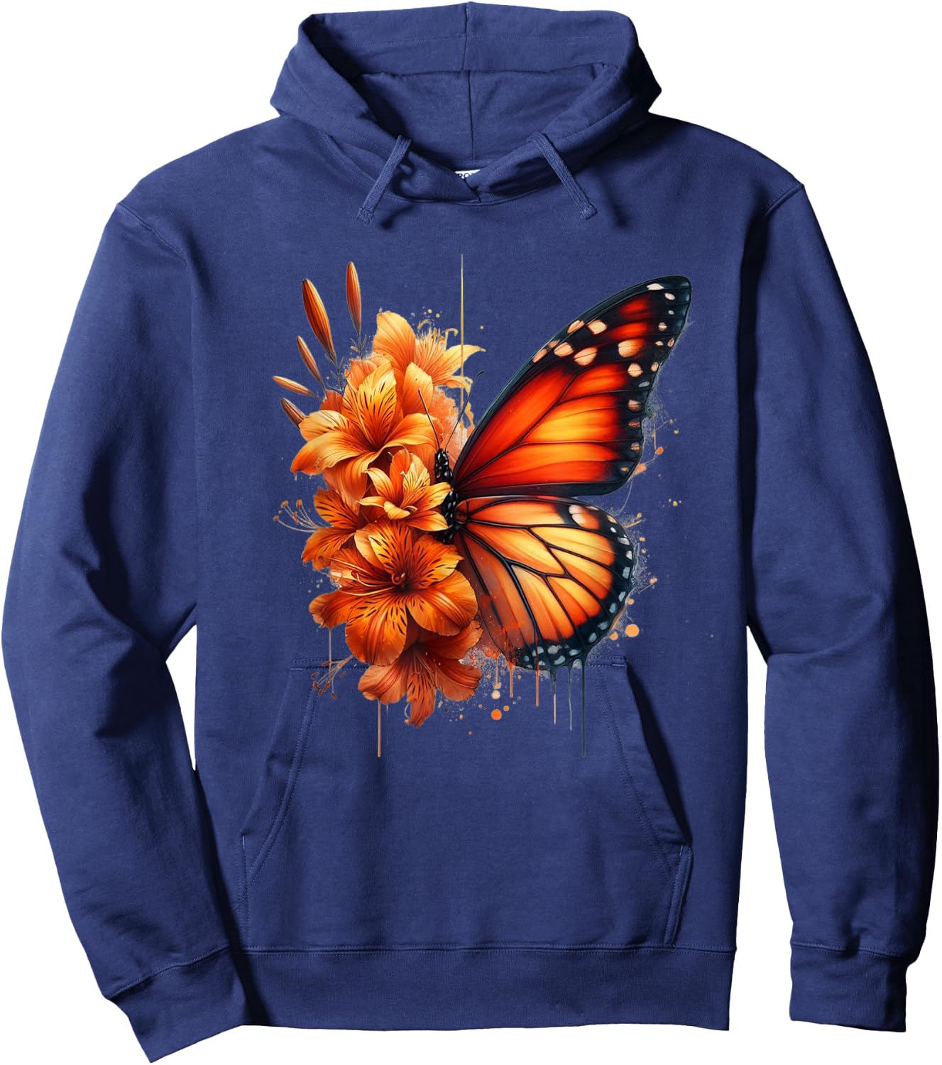 Butterfly Flowers Floral Vintage Tiger Lily Monarch Orange Hoodie - Hoodie | Navy