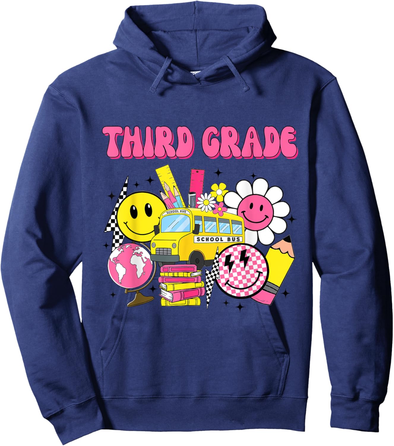 Retro Groovy Third Grade Checkered Back To School Teacher Hoodie - Hoodie | Navy