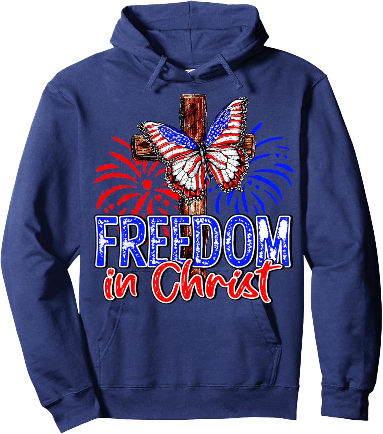 Patriotic Firework Faith Freedom In Christ Cross Butterfly Kids Men Hoodie - Hoodie | Navy
