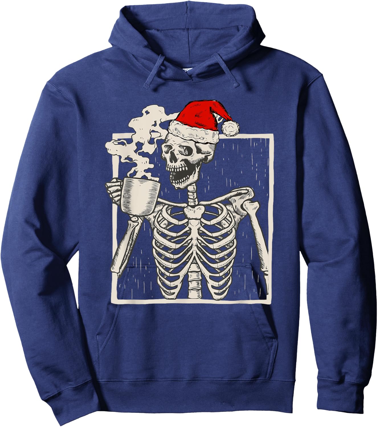 Christmas Skeleton With Smiling Skull Drinking Coffee Latte Hoodie - Hoodie | Navy