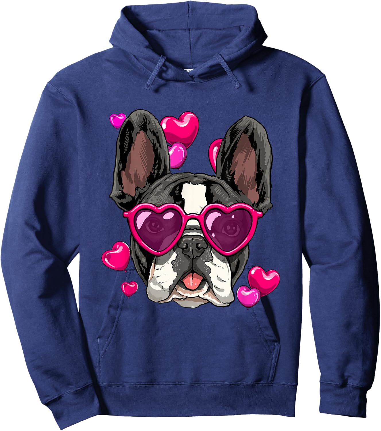 Valentine's Day French Bulldog With Heart Glasses Frenchie Hoodie - Hoodie | Navy