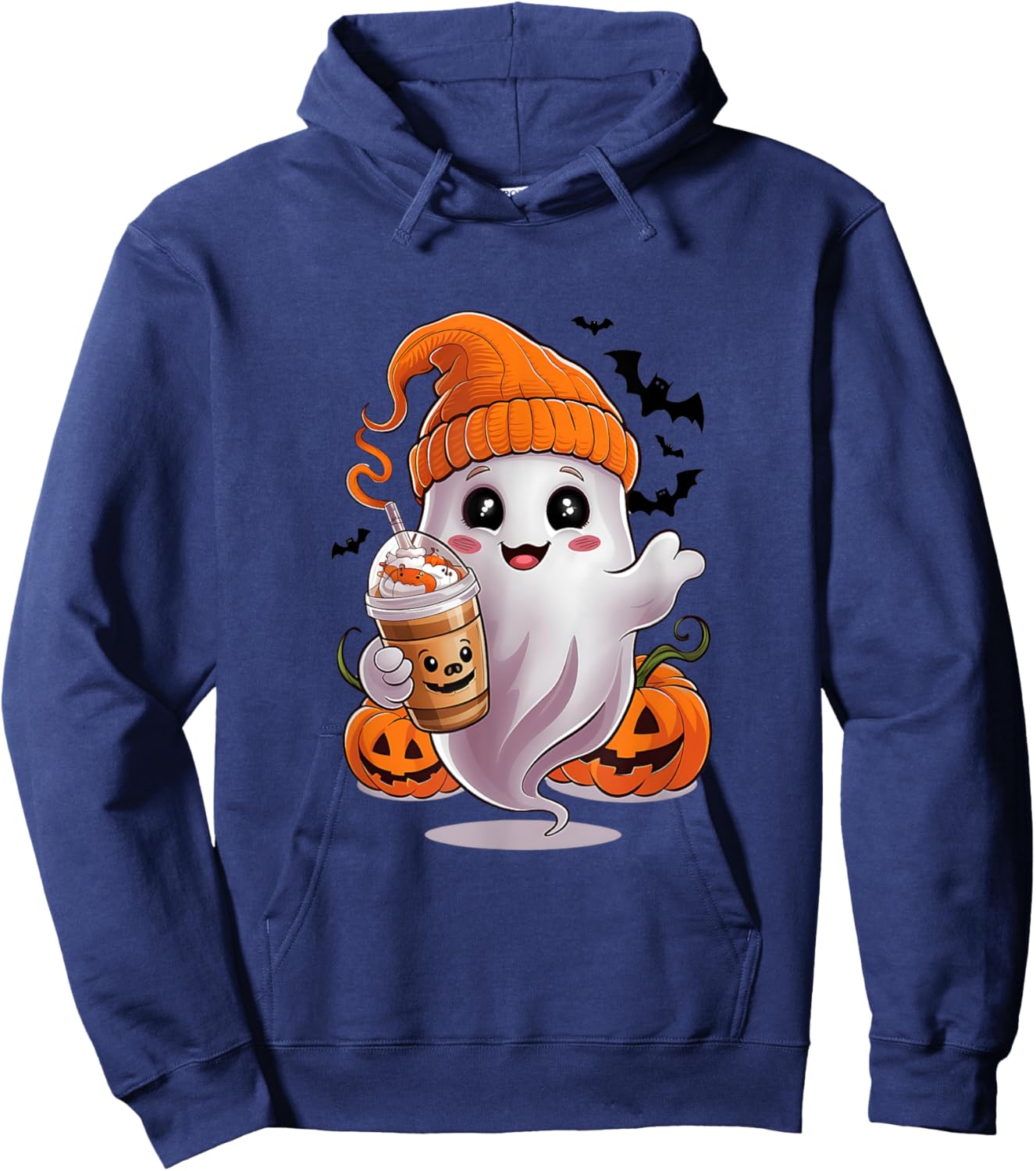 Cute Ghost Drinking Coffee Halloween Ghost Coffee Hoodie - Hoodie | Navy