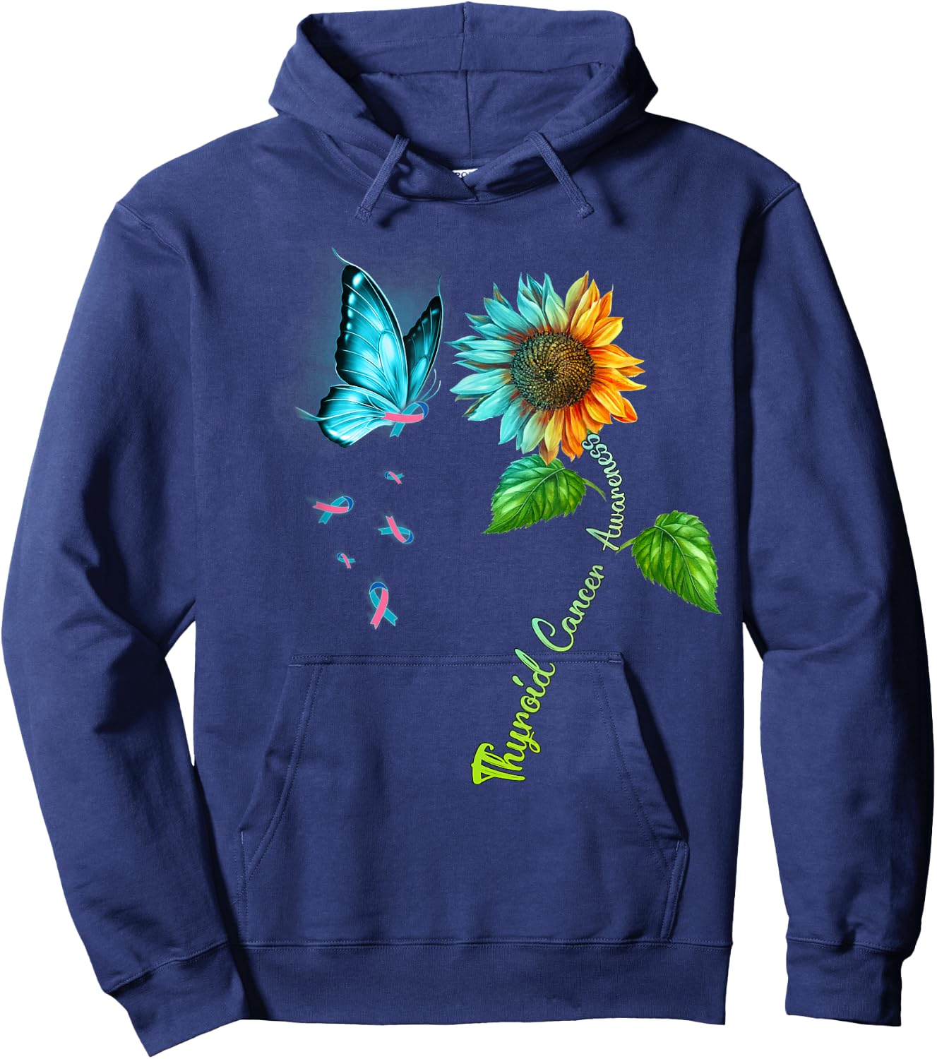 Butterfly Sunflower Thyroid Cancer Awareness Hoodie - Hoodie | Navy