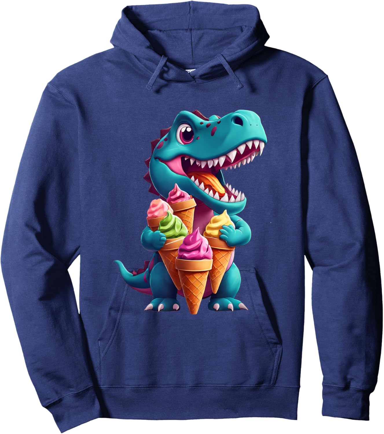 T-Rex Dinosaur Eating Ice Cream Cone Party Men Women Kids Hoodie - Hoodie | Navy