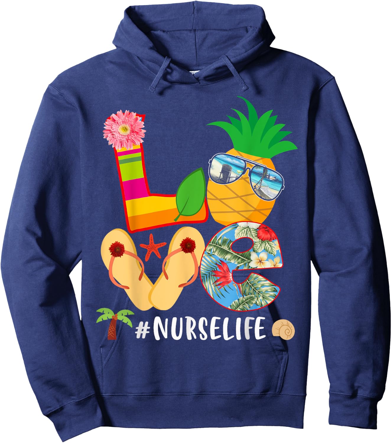Love Summer Pineapple Tropical Flower Flip Flop Nurse Life Hoodie - Hoodie | Navy