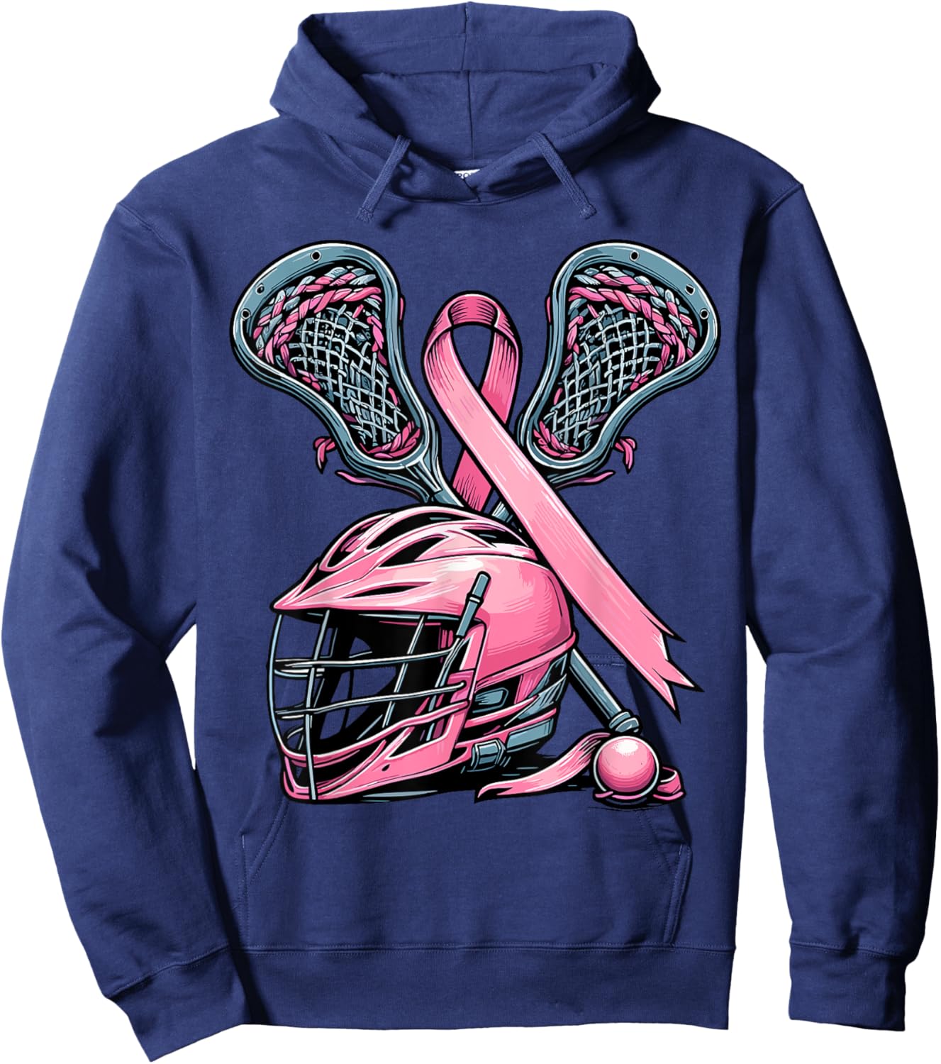 Lacrosse Pink Ribbon Breast Cancer Awareness Sport Lover Hoodie - Hoodie | Navy