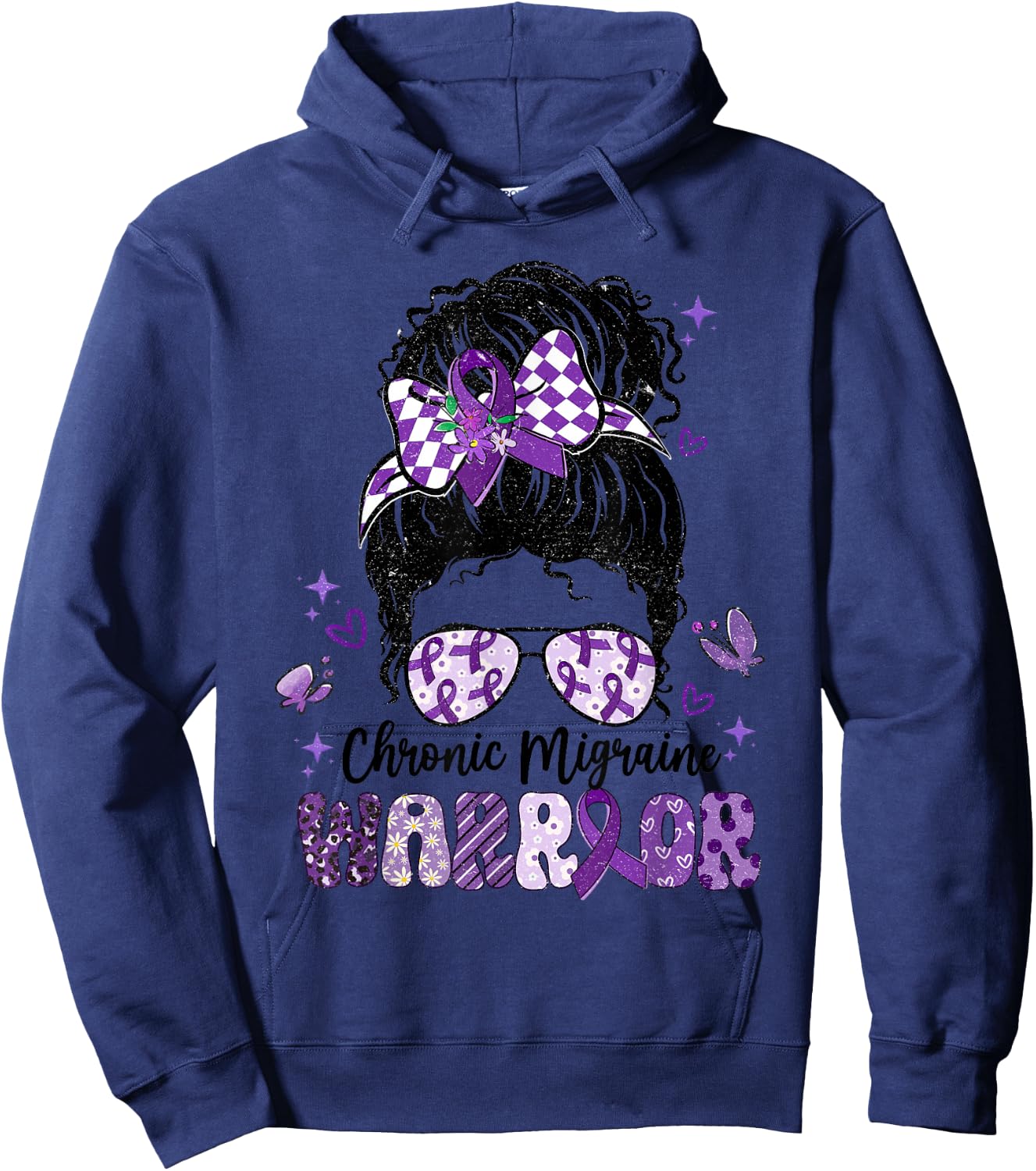 Warrior Messy Bun Red Purple Ribbon Chronic Migraine Hoodie - Hoodie | Navy