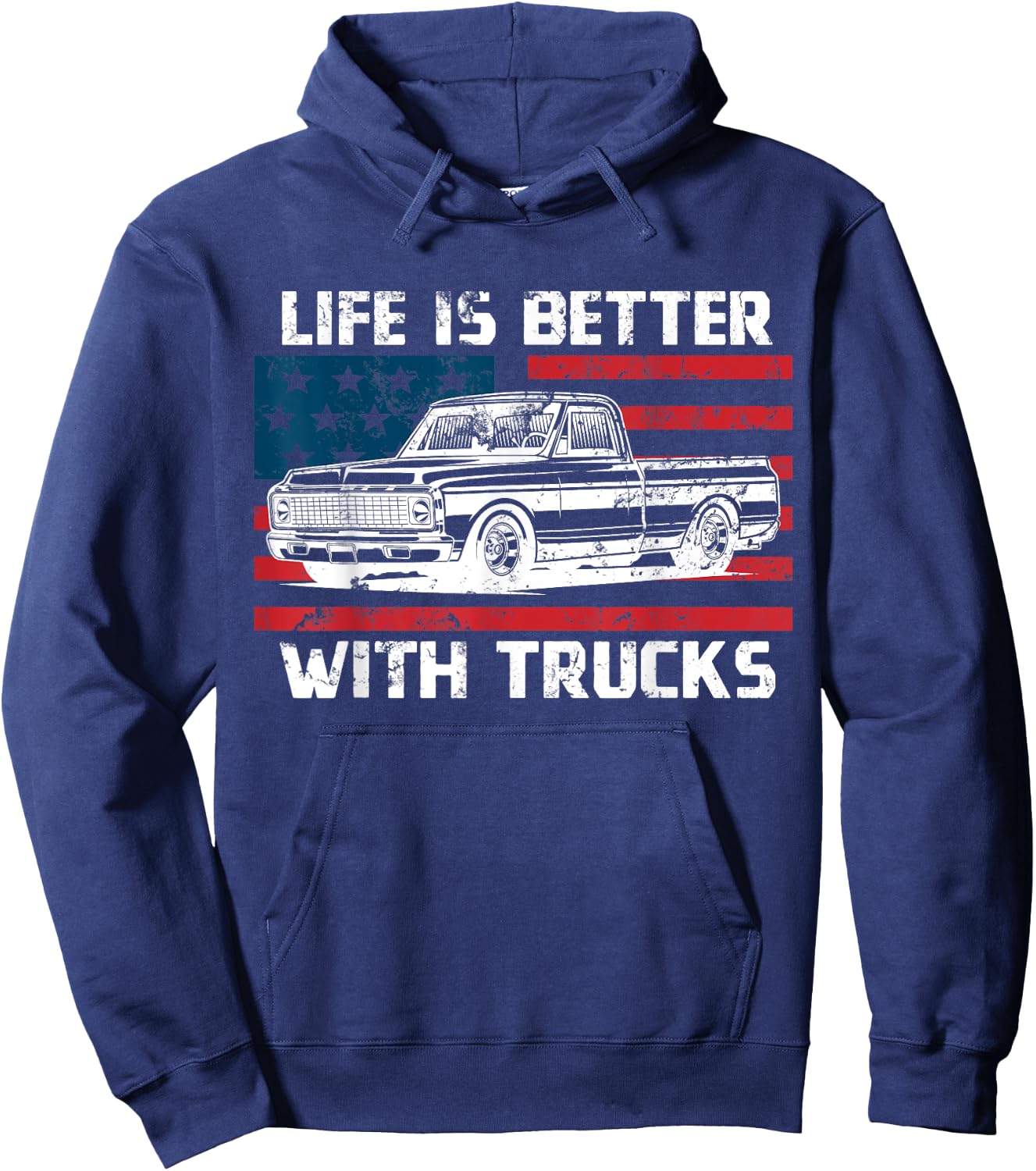 Vintage Life Is Better With Trucks USA Flag Truck Shirts Women Men Hoodie - Hoodie | Navy