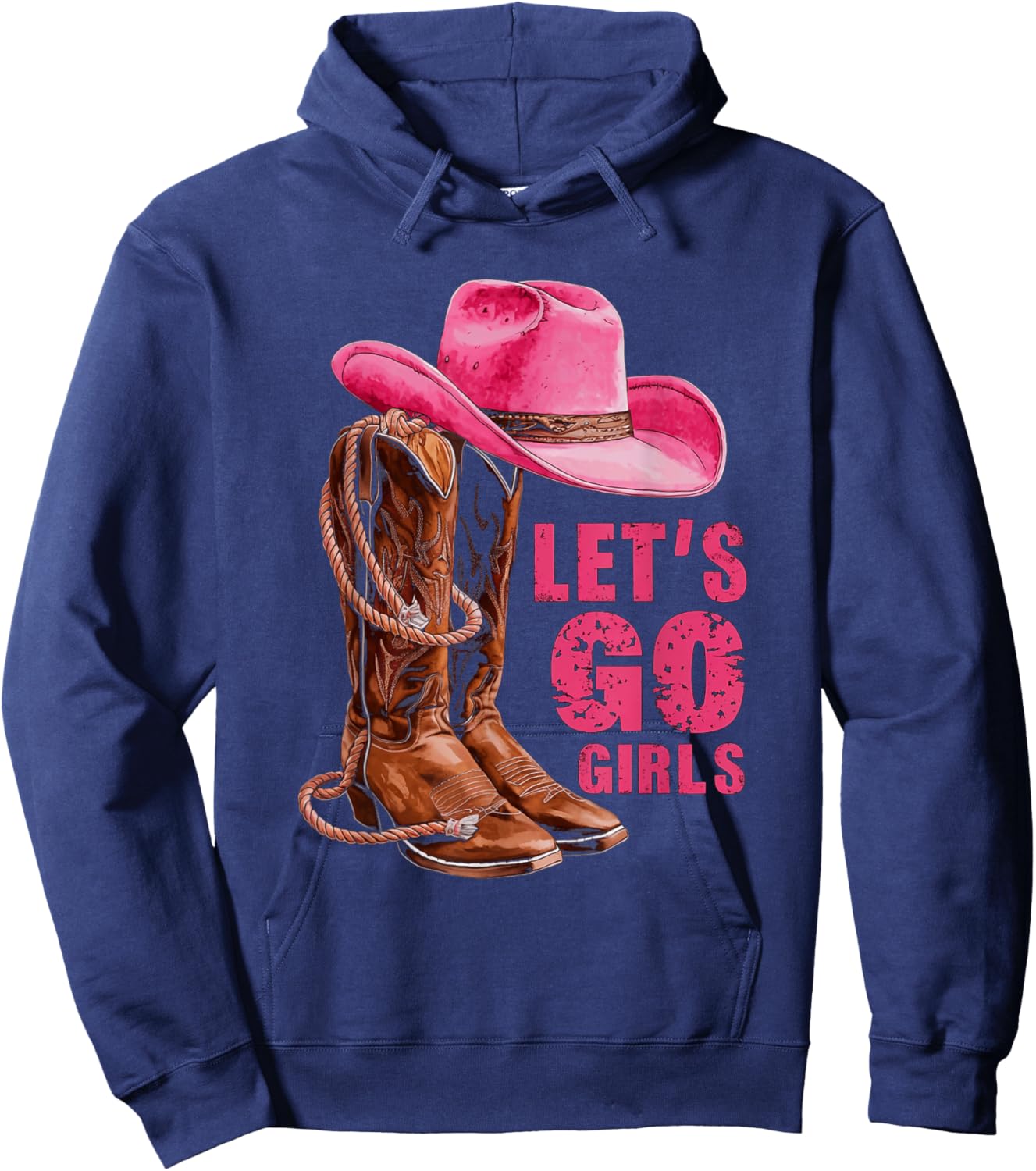 Let's Go Girls Western Pink Cowboy Hat and Boots Cowgirl Hoodie - Hoodie | Navy