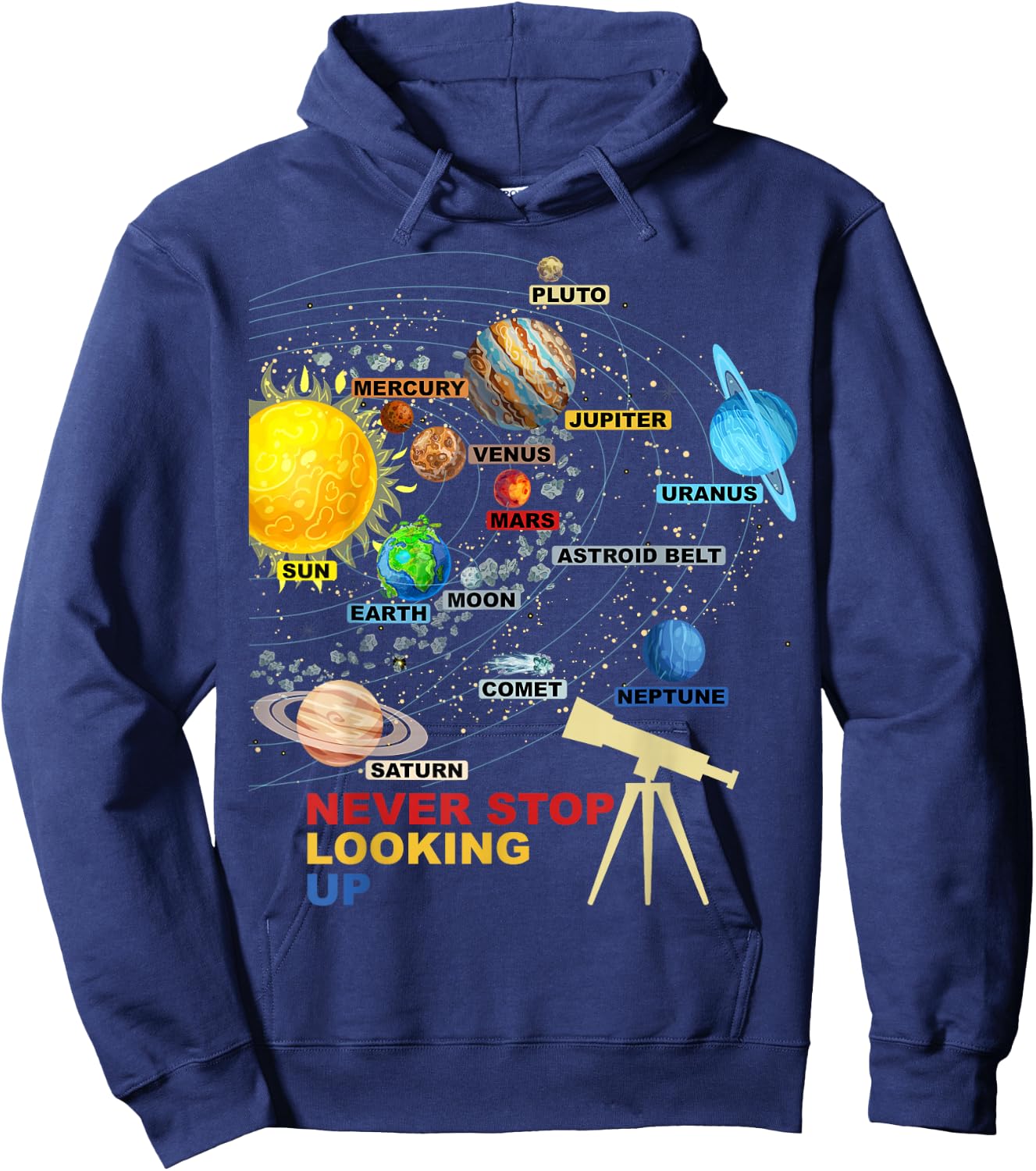 Solar System Planets - Never Stop Looking Up - Astronomy Hoodie - Hoodie | Navy