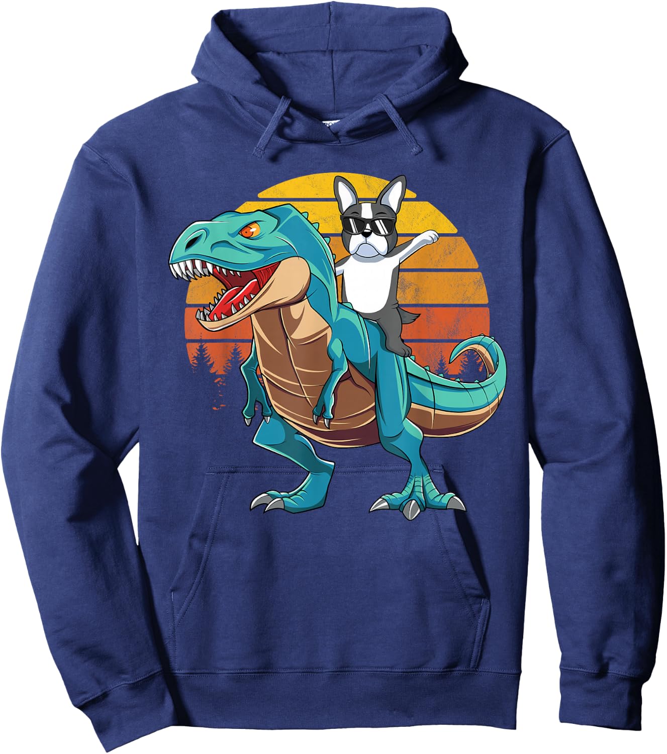 Boston Terrier Dog Riding Dinosaur T Rex Boys Hoodie - Hoodie | Navy