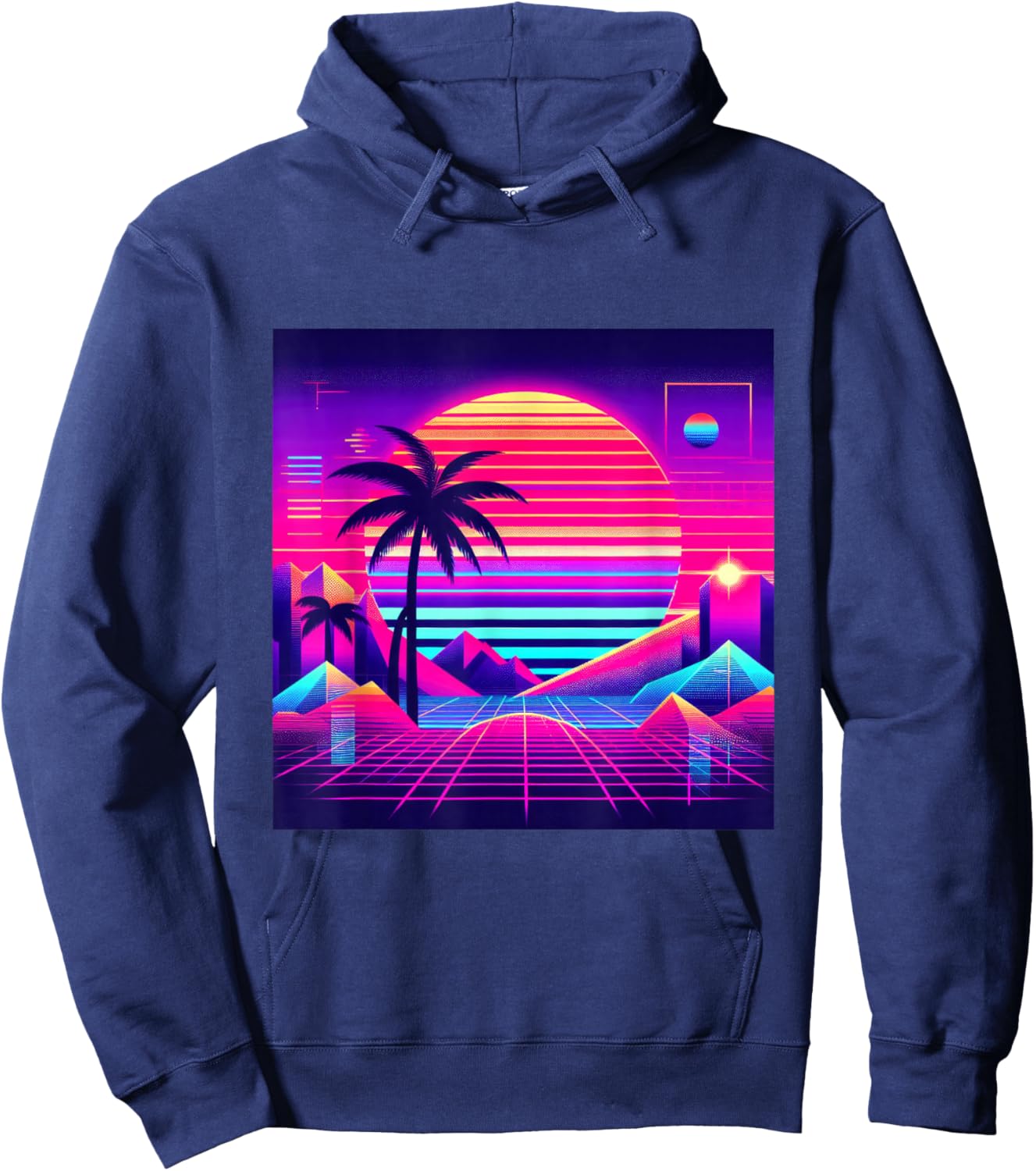 Synthwave Retro Vaporwave Tropical Palm Sunset TV Glitch Hoodie - Hoodie | Navy