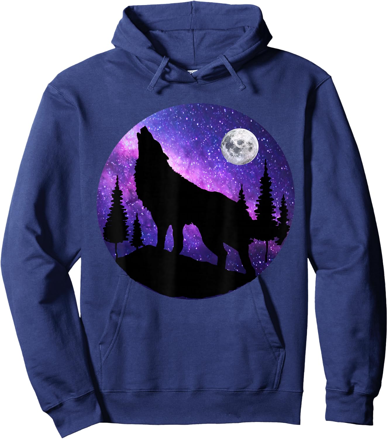 Howling Wolf Under The Full Moon With Purple Galaxy Sky Hoodie - Hoodie | Navy